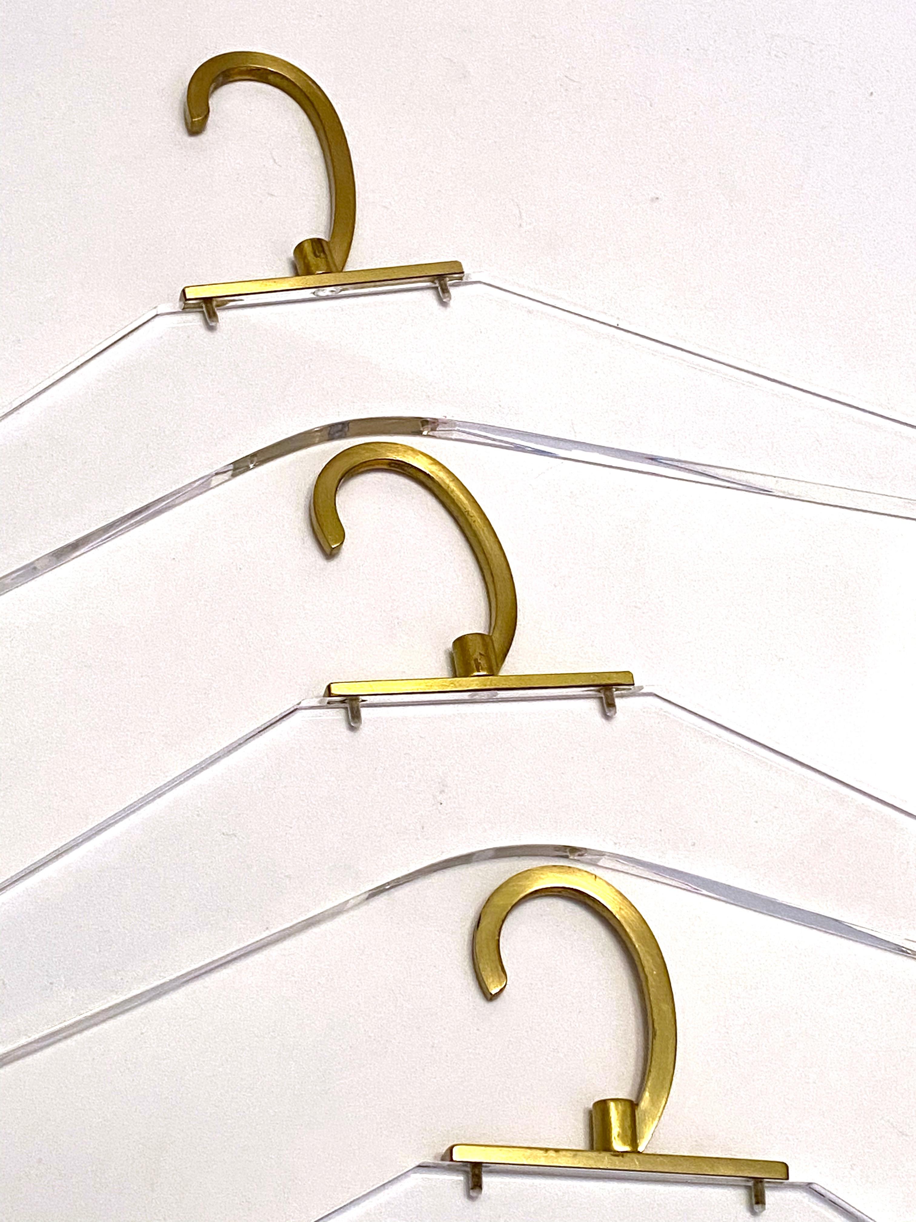 Late 20th Century Three Wall Coat Hooks and Cloth Hanger Sets Lucite and Brass, 1970s German For Sale