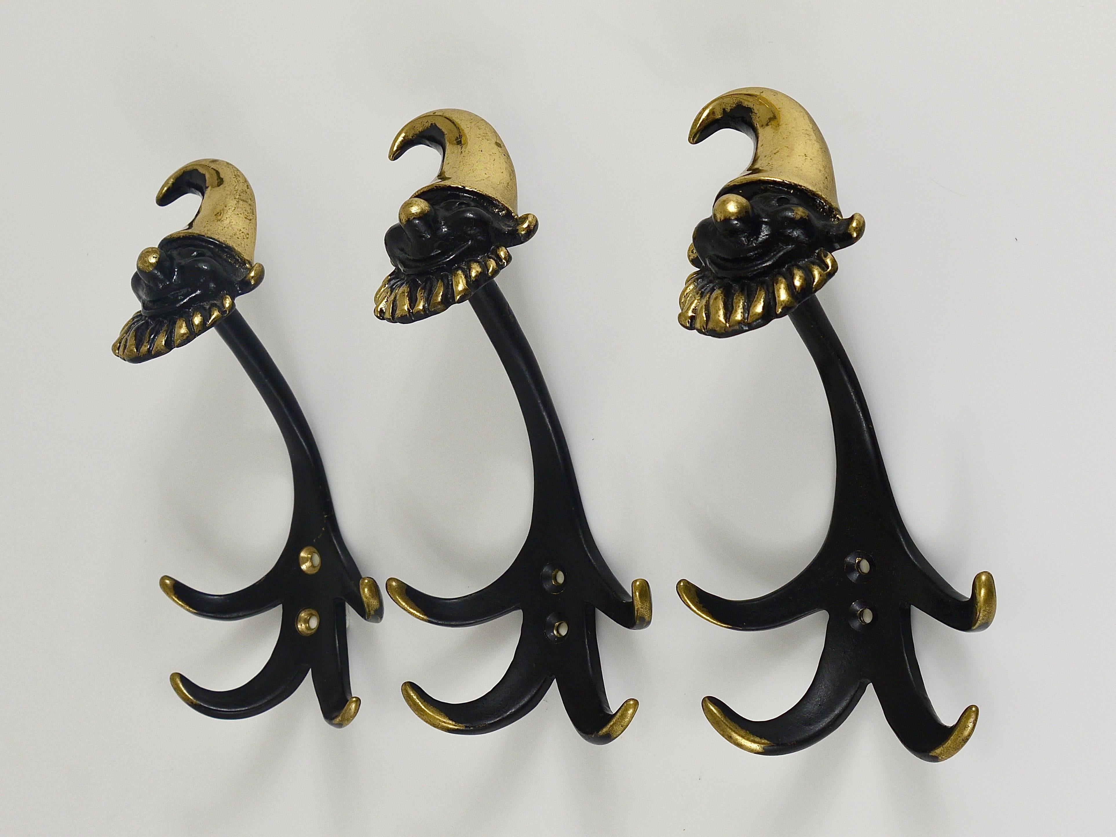 Austrian Three Walter Bosse Dwarf Midcentury Brass Wall Coat Hooks, Austria, 1950s