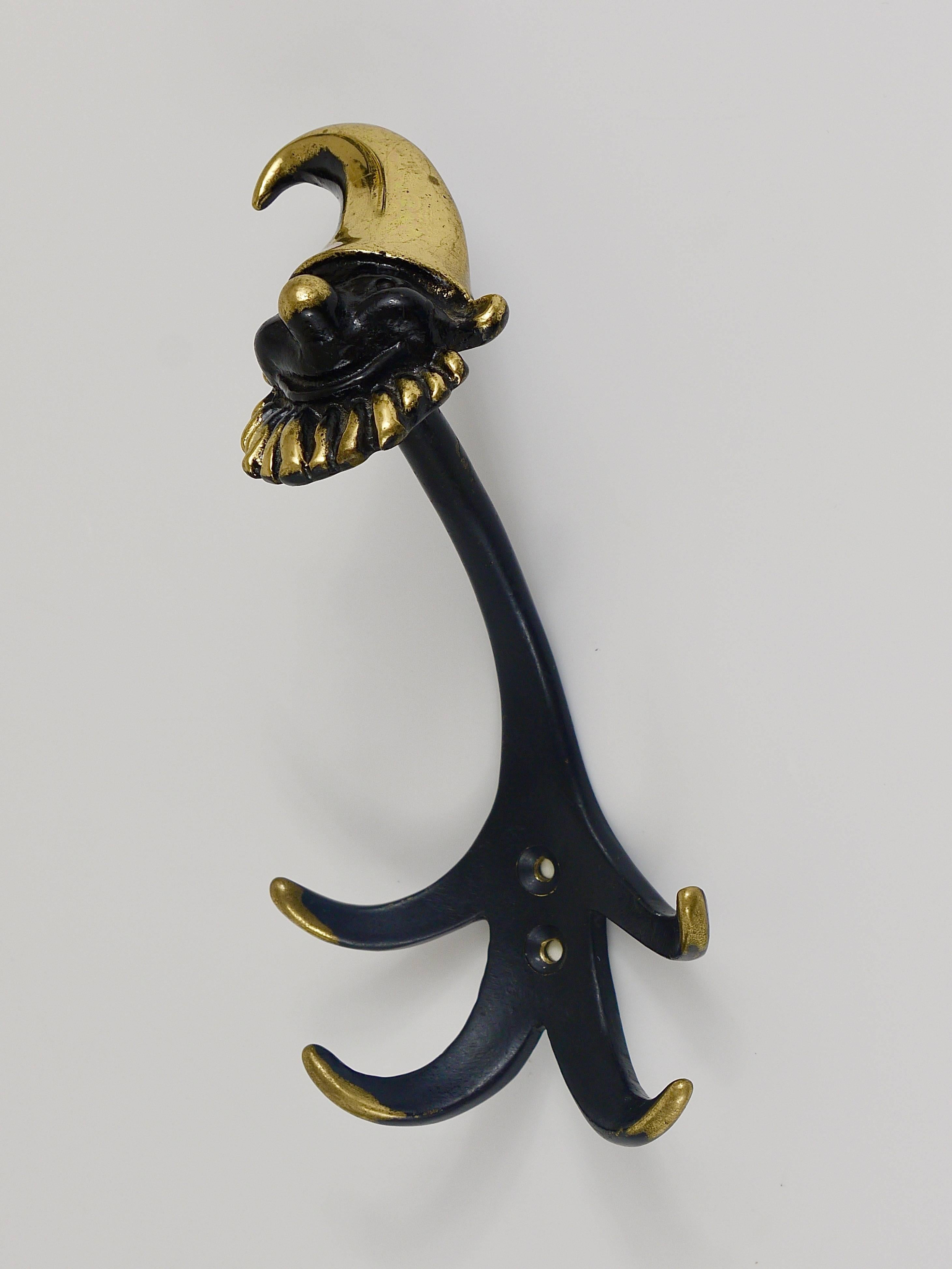 20th Century Three Walter Bosse Dwarf Midcentury Brass Wall Coat Hooks, Austria, 1950s