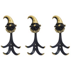 Vintage Three Walter Bosse Dwarf Midcentury Brass Wall Coat Hooks, Austria, 1950s