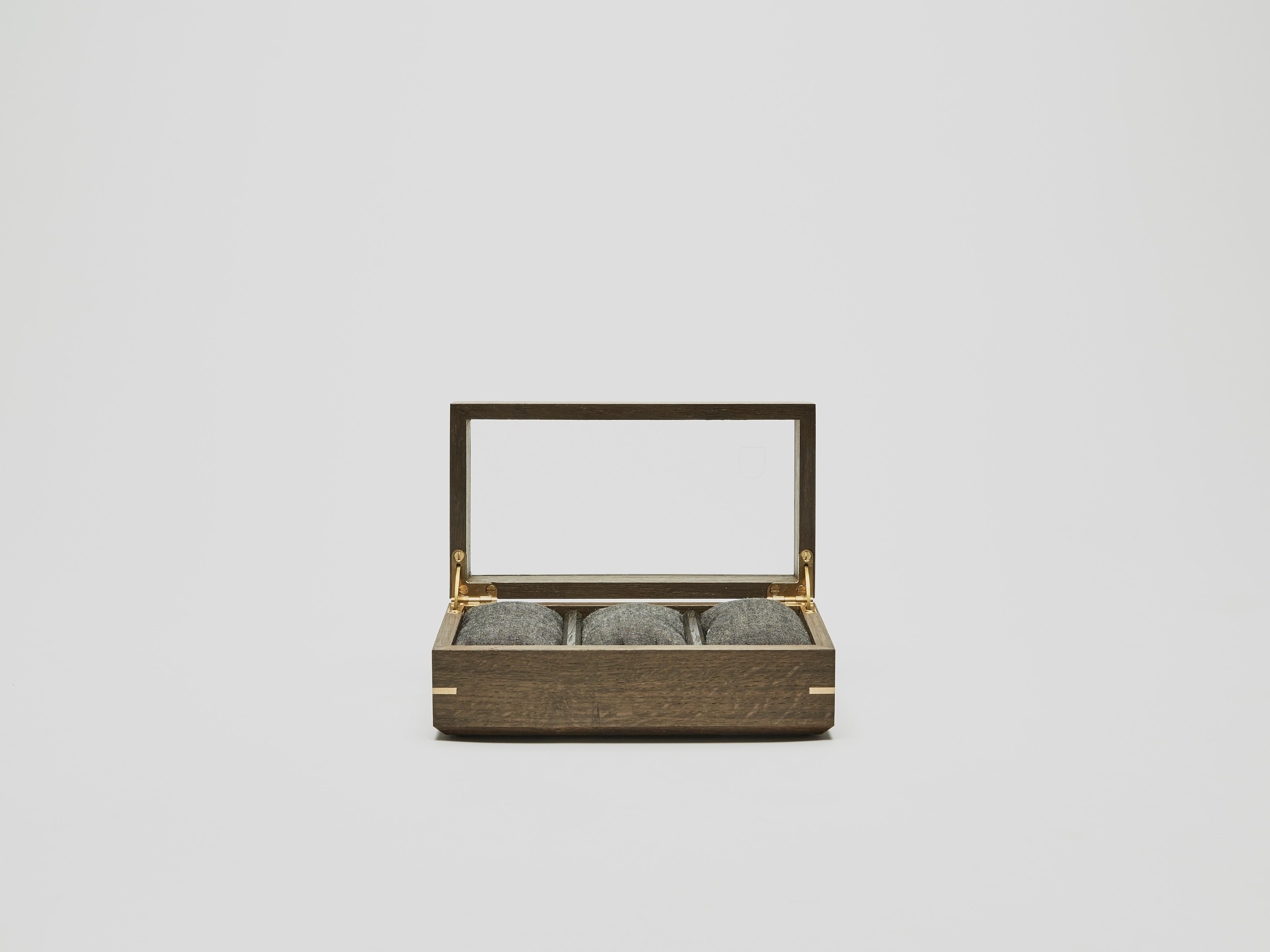 Minimalist Three Watch Box made from 3000-5000 year-old solid Bog-Oak, Brass jointing For Sale