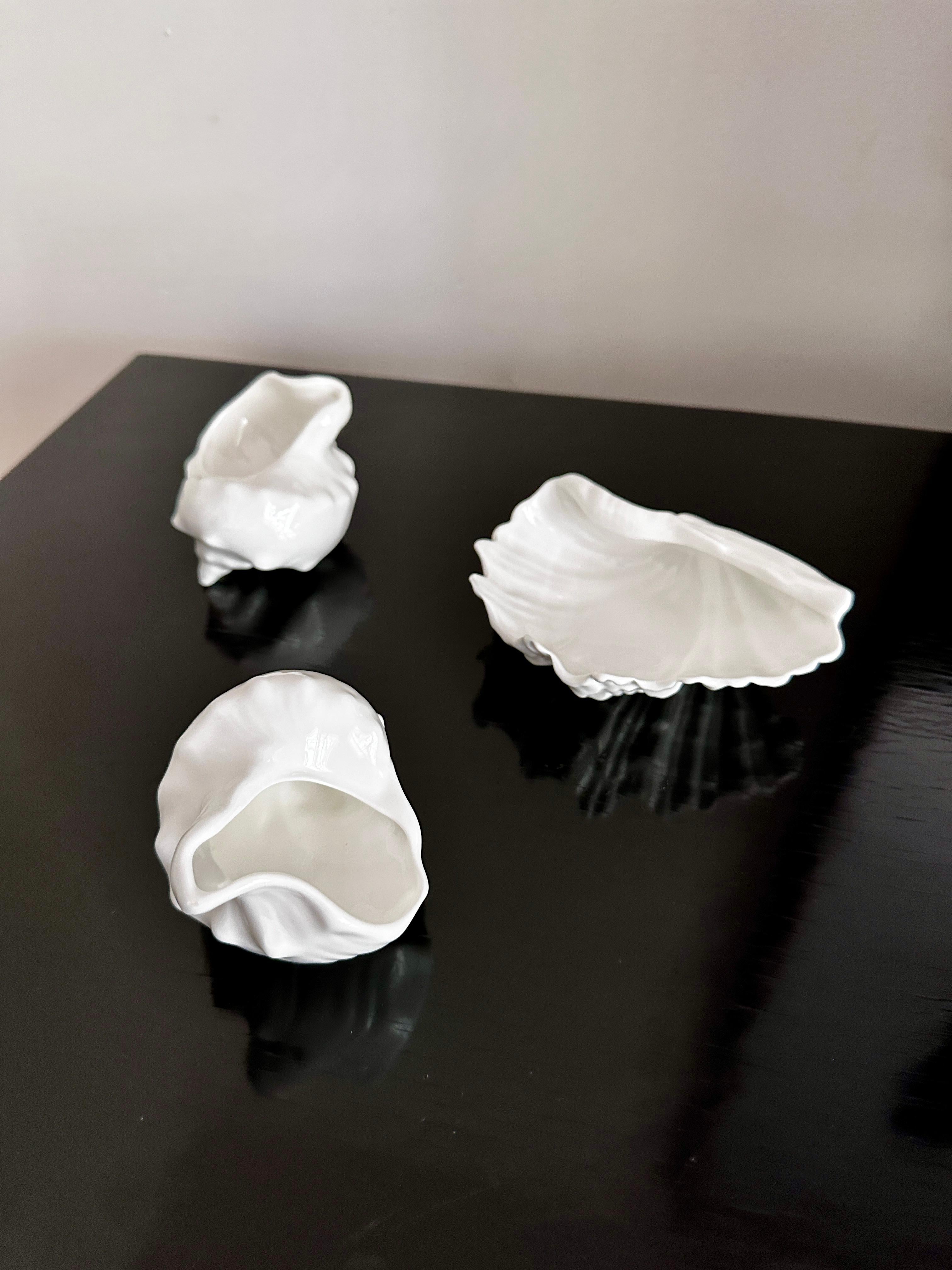 Three beautiful bone china gloss white glazed shells by Wedgwood. The shell designs were part of the 