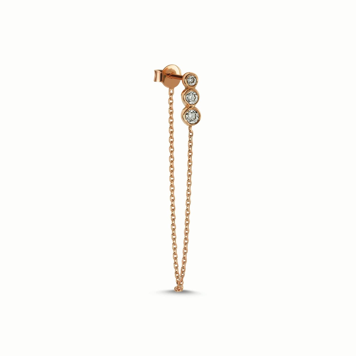 Modern Three White Diamond Chain Earring 'Single' with 14k Rose Gold by Selda Jewellery For Sale