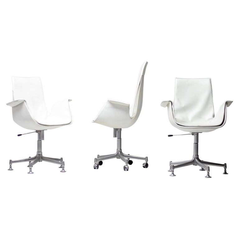 Three White Leather Bird Desk Chairs by Fabricius and Kastholm for Kill