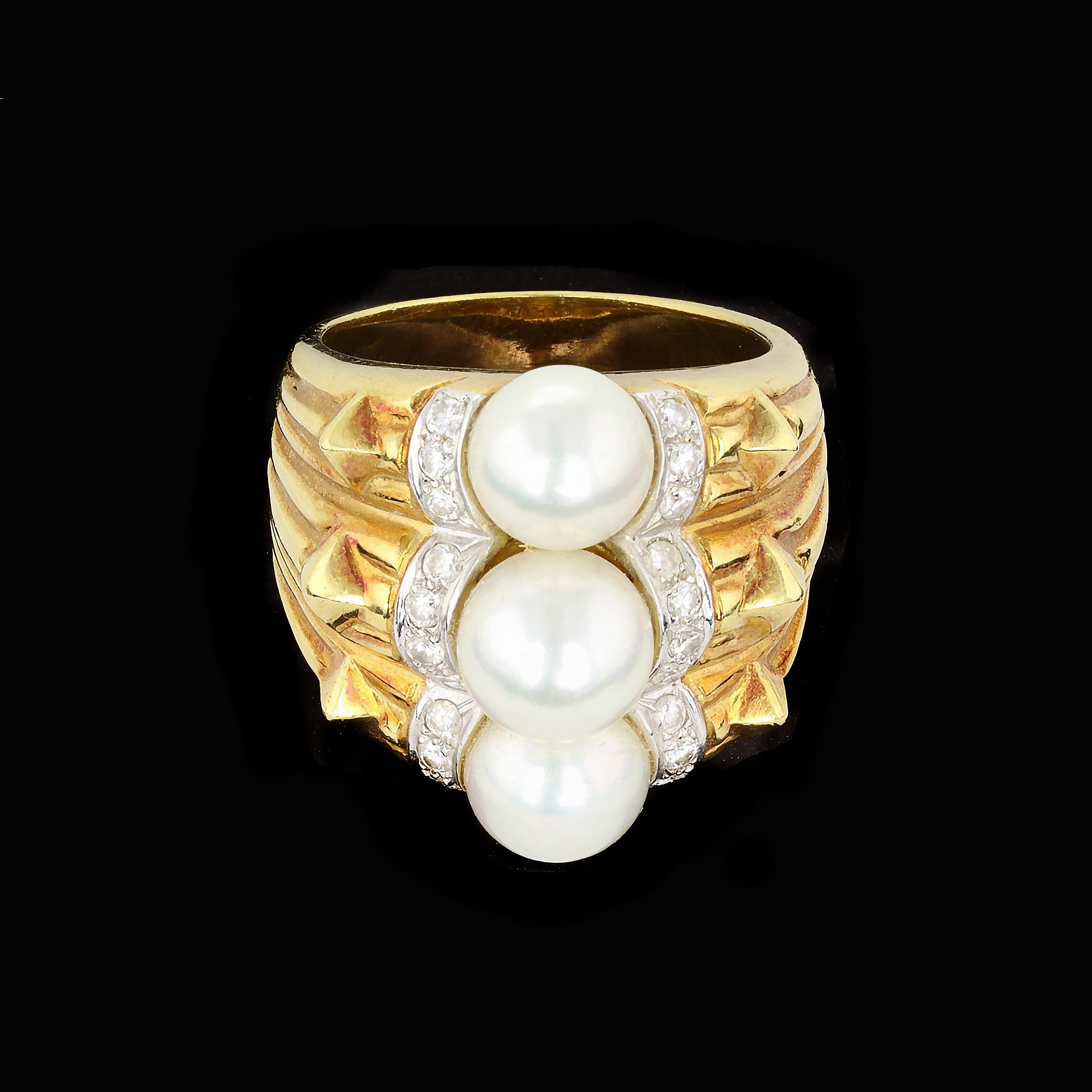 Round Cut Three White Pearl and Diamond Ring