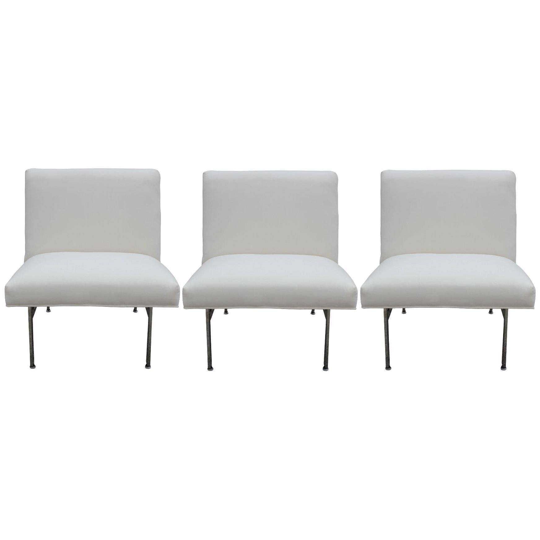 Set of Three Parallel Bar White Velvet with Chrome Feet Chairs Designed by Knoll