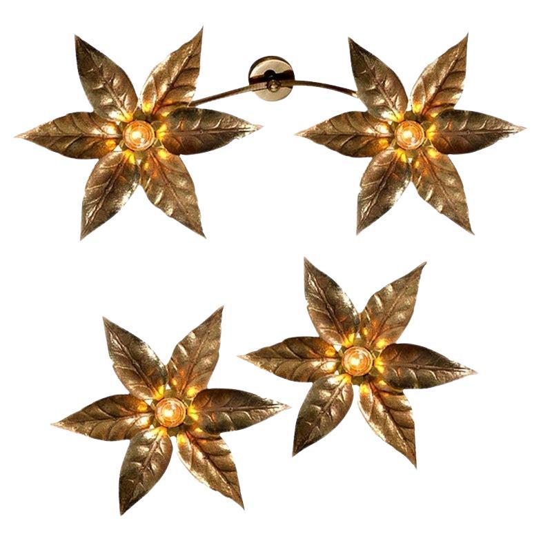 Three Willy Daro Style Brass Flowers Ceiling or Wall Lights For Sale