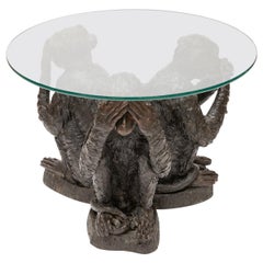 Vintage Three Wise Monkeys Bronze and Glass Table