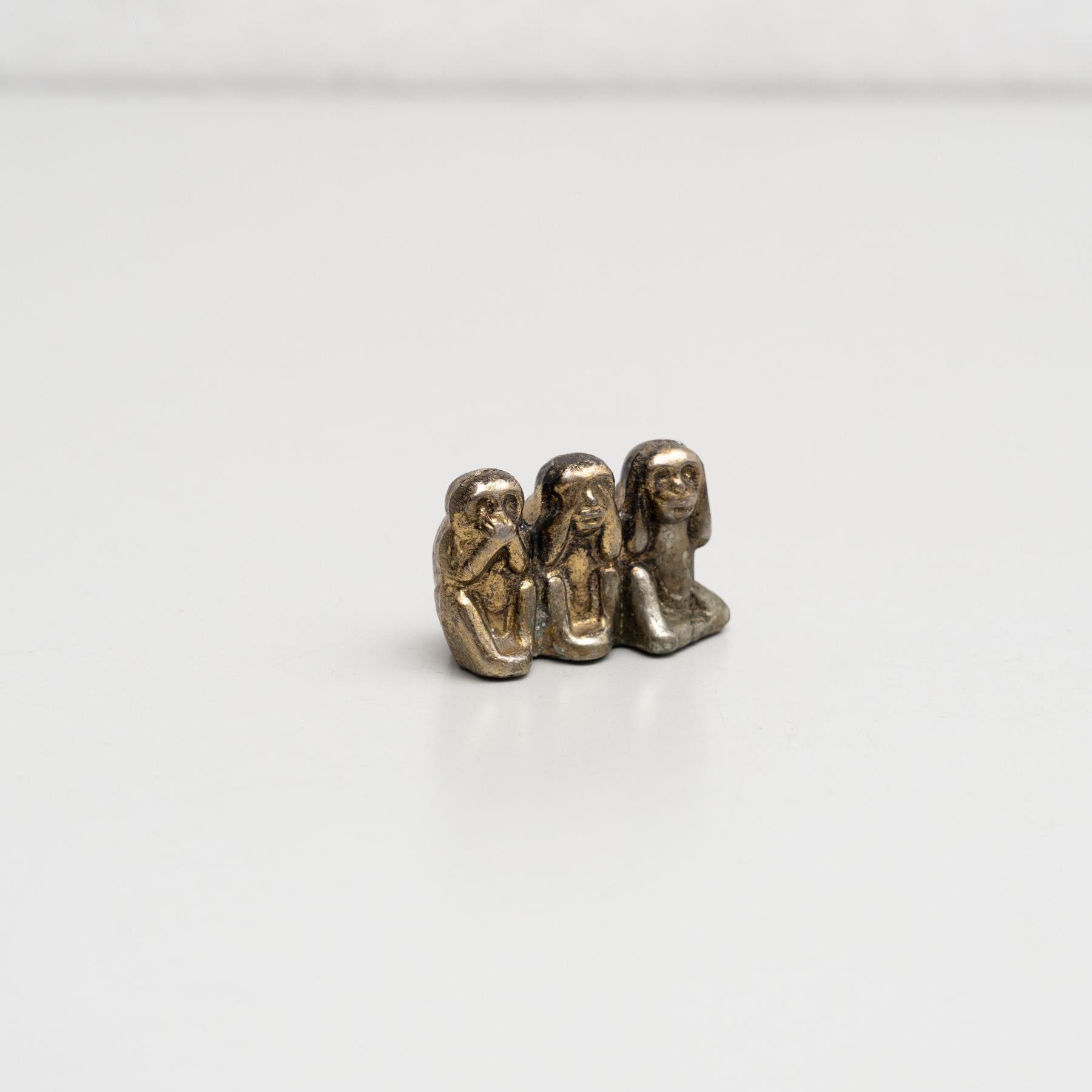 Spanish Three Wise Monkeys Vintage Small Metal Figure, circa 1950