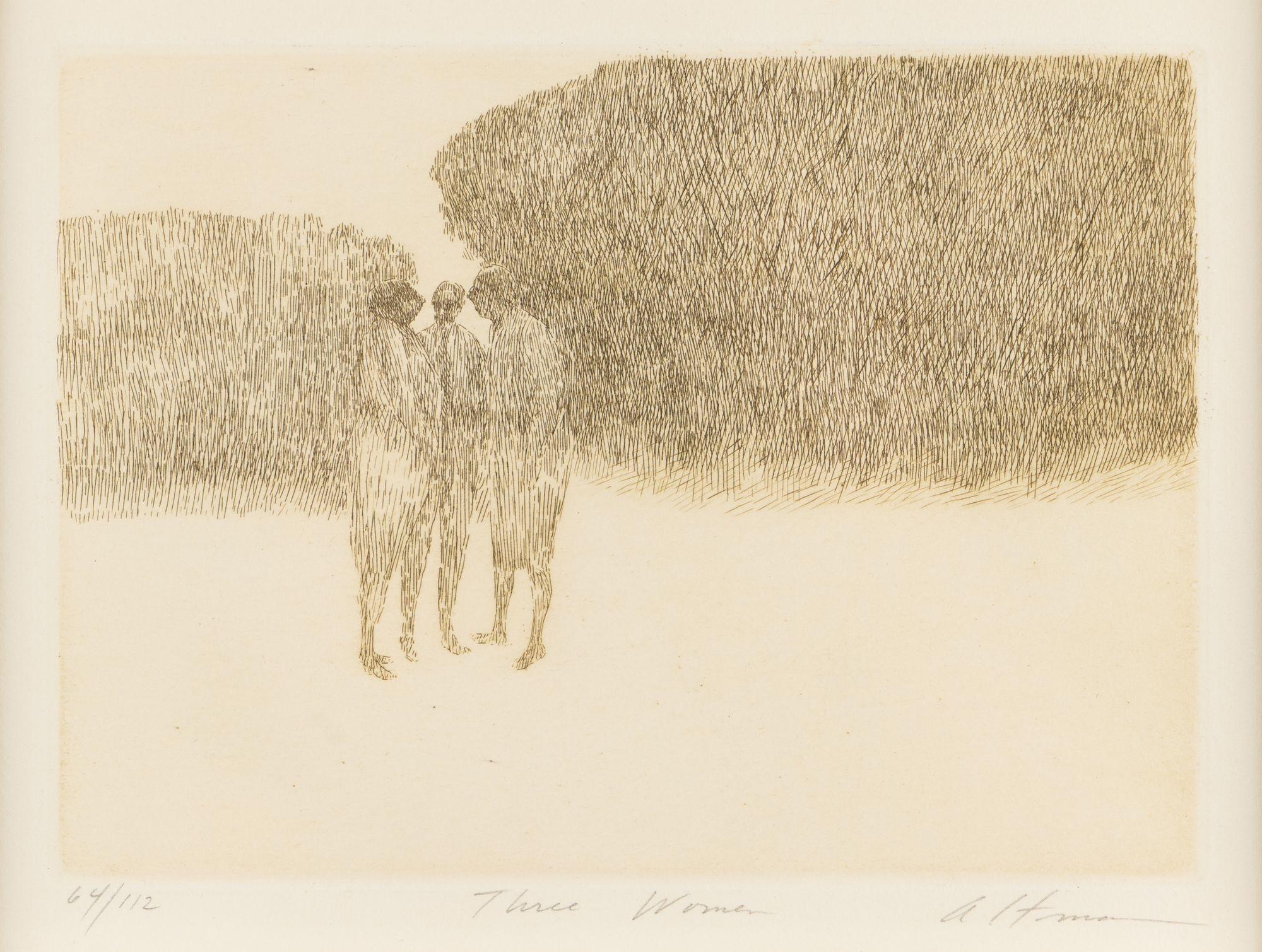 Engraving on paper from Altman's series of works centering on life in Central Park, New York City. The composition shows three women standing in close proximity to one another on a large, featureless foreground. The women are placed just below the