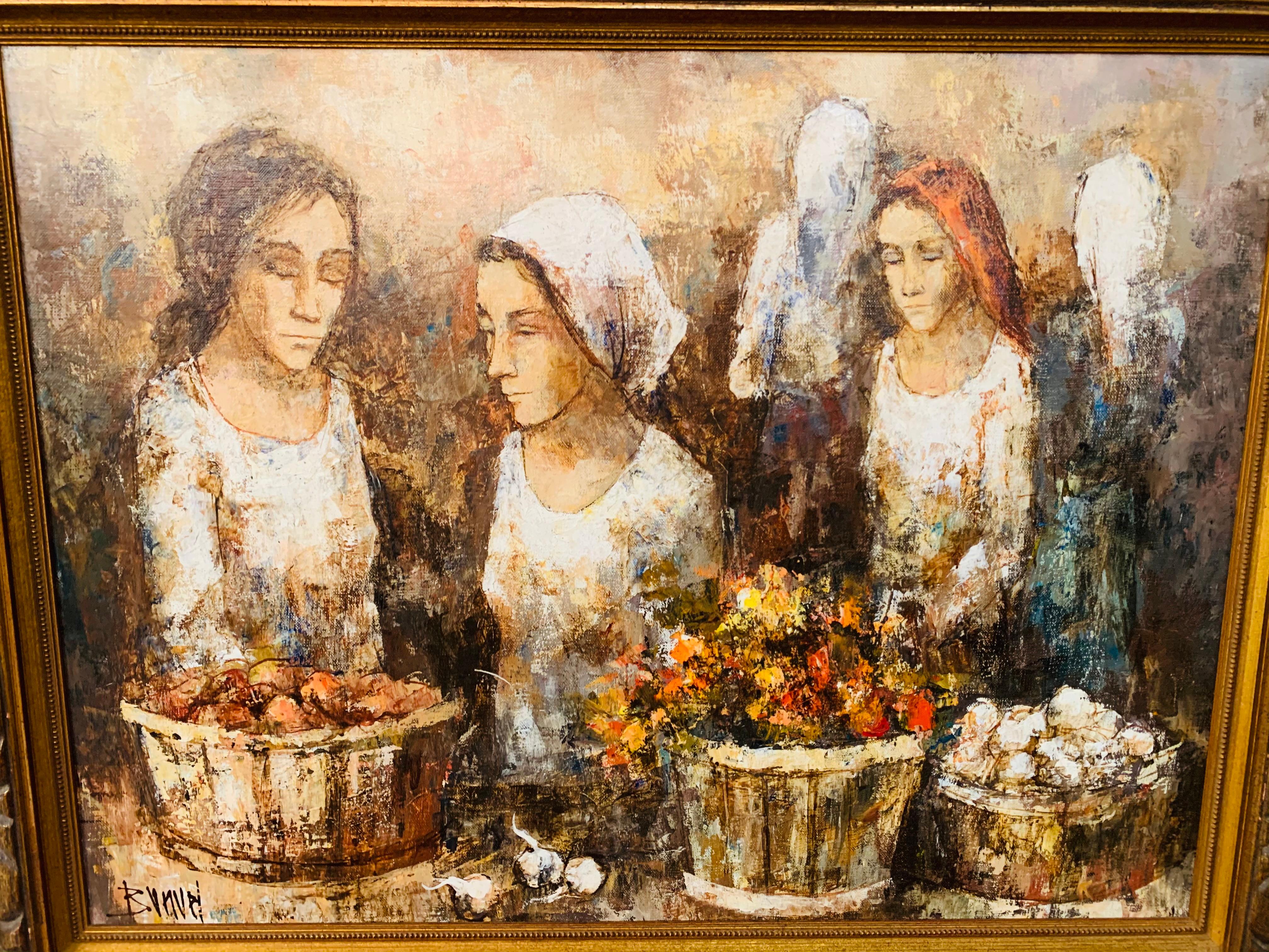 An expressive contemporary impressionistic oil painting on board of three women farmers by listed Spanish artist Manuel Monton Bunuel, (Spain b.1940).
The painting is finely framed in a custom wooden frame.  

Dimensions: 36