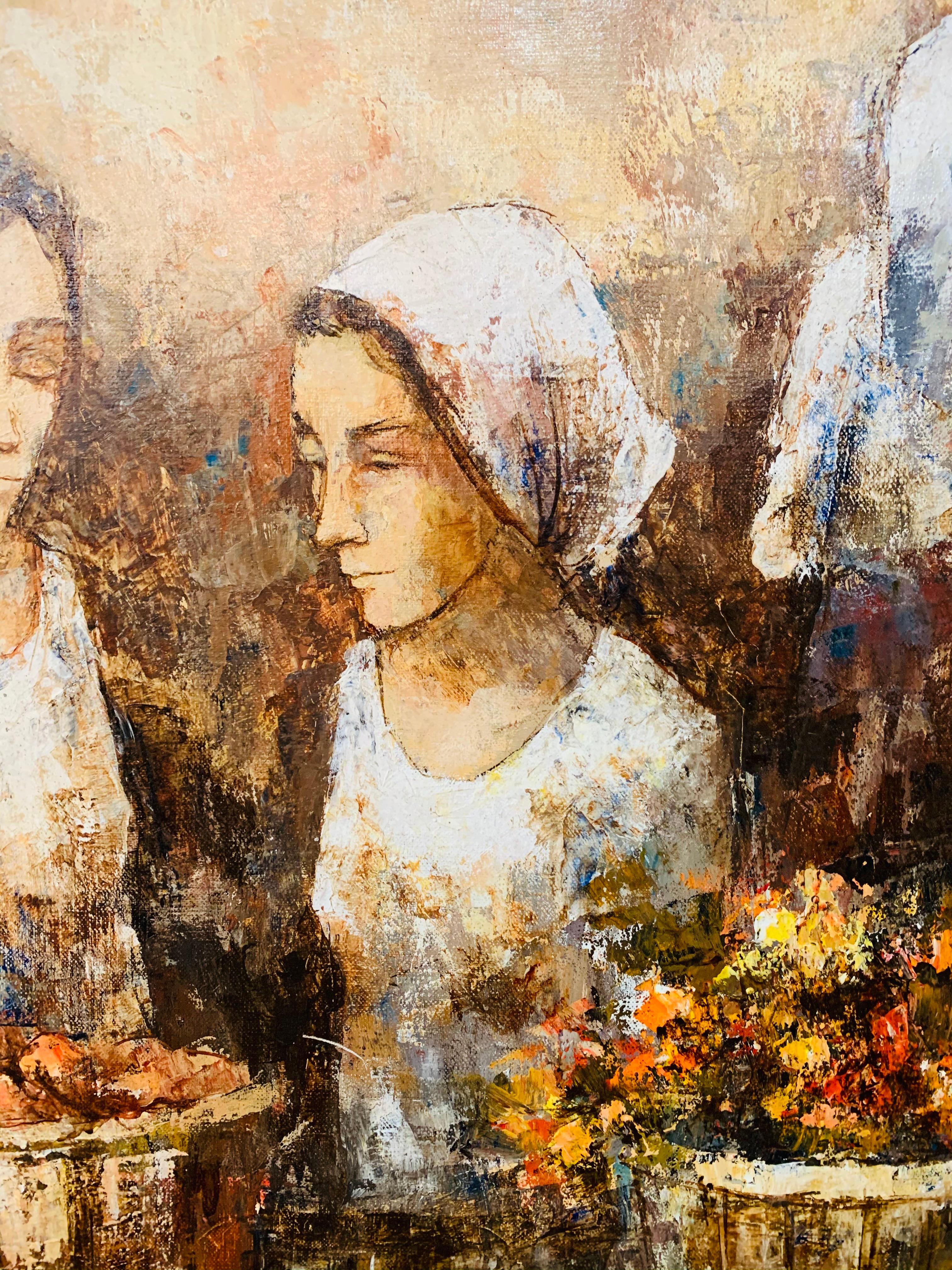 Three Women Farmers Oil on Board Painting, Signed by Bunuel and Framed In Good Condition For Sale In Plainview, NY
