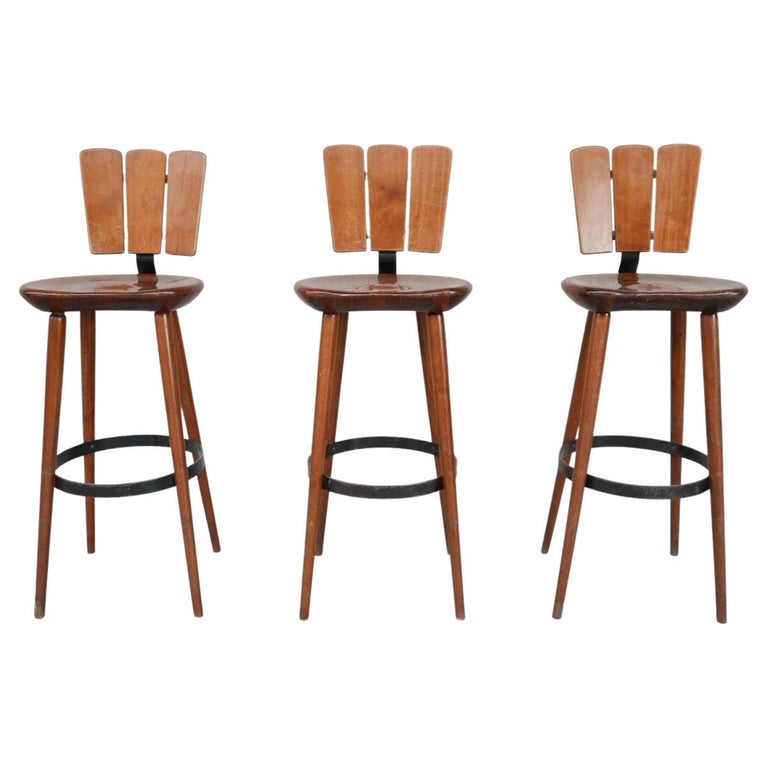 Three Wood and Iron MidCentury Bar Stools '3' at 1stDibs