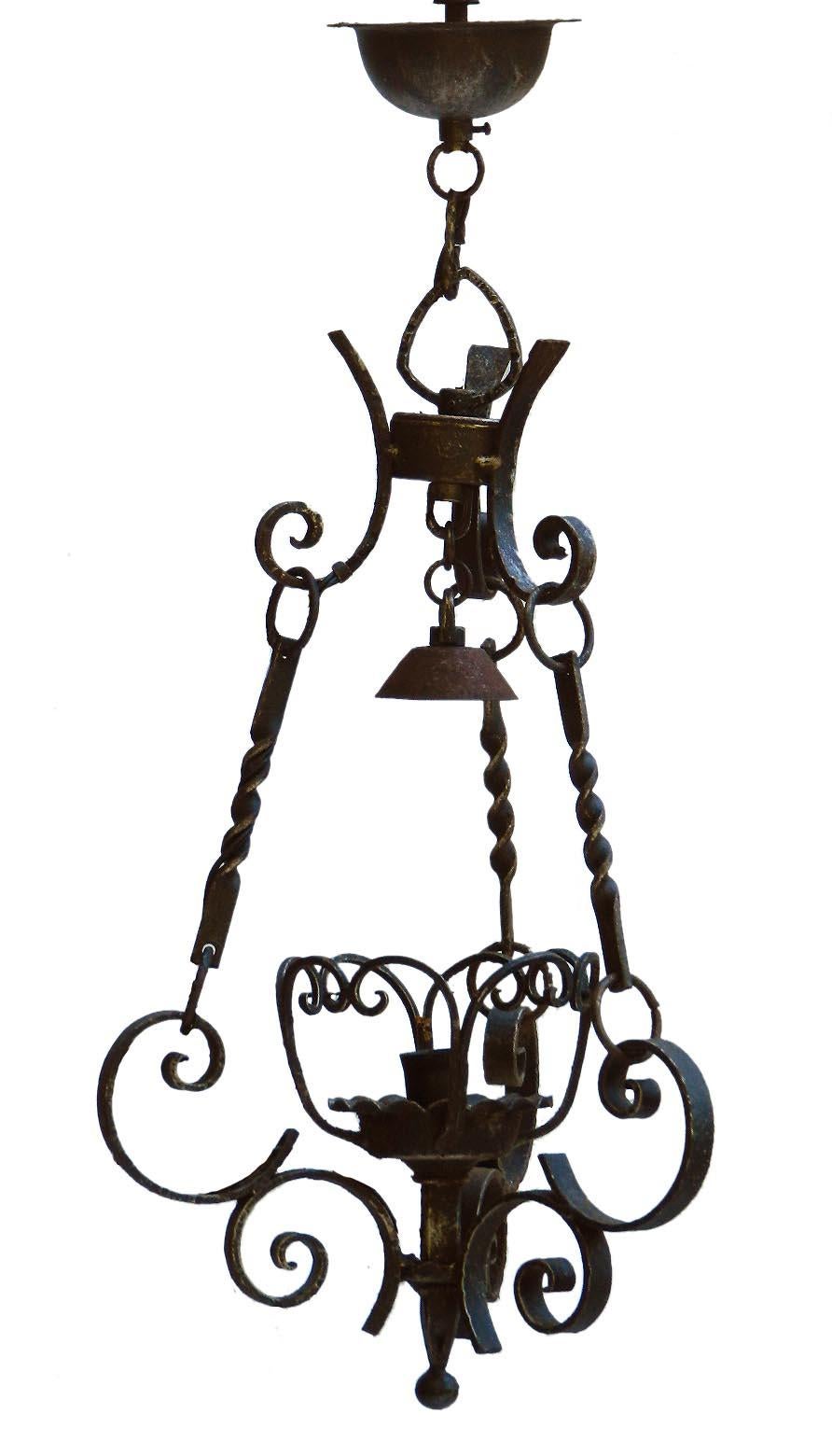 Spanish Colonial Three Wrought Iron and Copper Chandeliers Graduated French Spanish Basque C1900