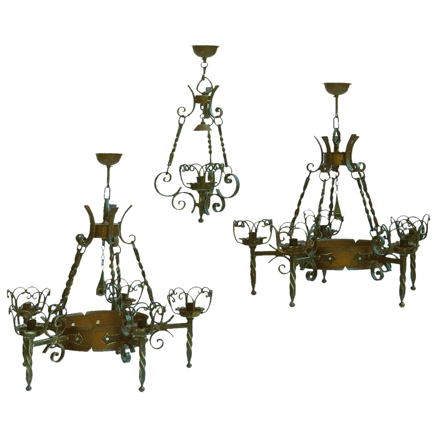 Three Wrought Iron and Copper Chandeliers Graduated French Spanish Basque C1900