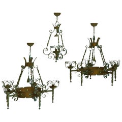 Three Wrought Iron and Copper Chandeliers Graduated French Spanish Basque C1900