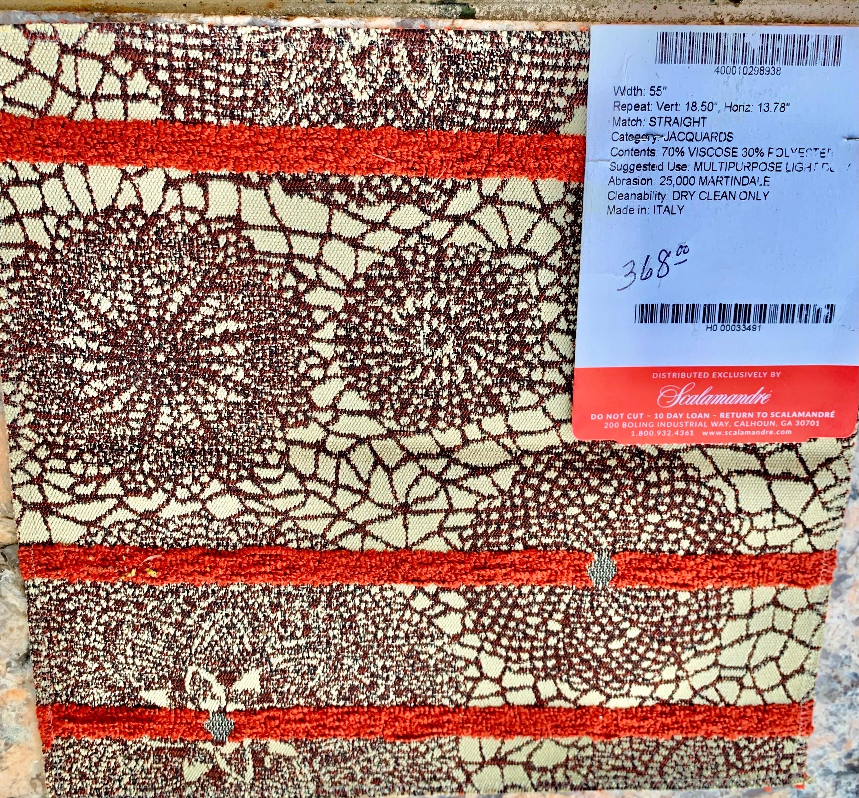 Listed here is this three yard roll of brand new house of Scalamandre fabric, designed by Jean Paul Gaultier and woven in Italy of polyester and viscose. Pattern: Macrame, Color: Brique. Retails for $368.00 per yard, Here offered at $175.00 per yard.