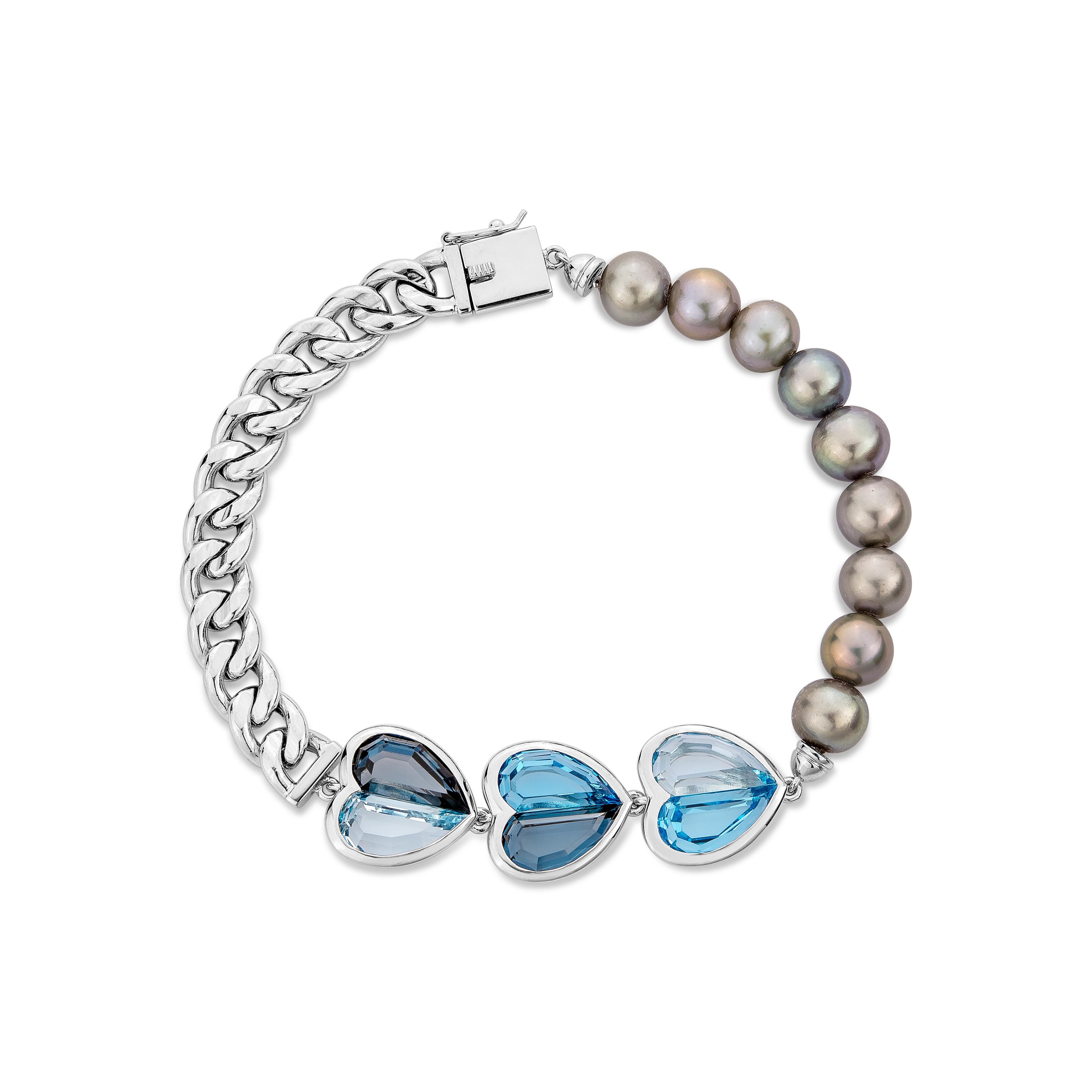 Heart Cut Three's a Crowd Blue Topaz and Grey Pearl Bracelet in 18 Karat White Gold For Sale