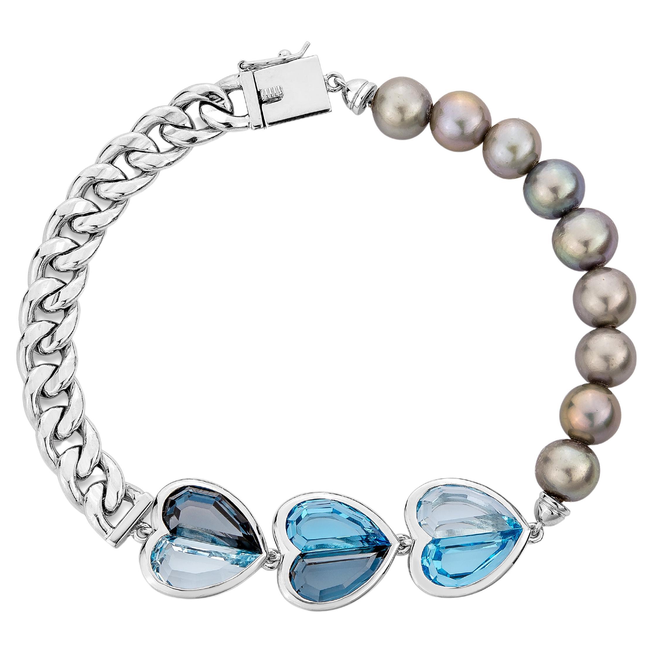 Three's a Crowd Blue Topaz and Grey Pearl Bracelet in 18 Karat White Gold For Sale