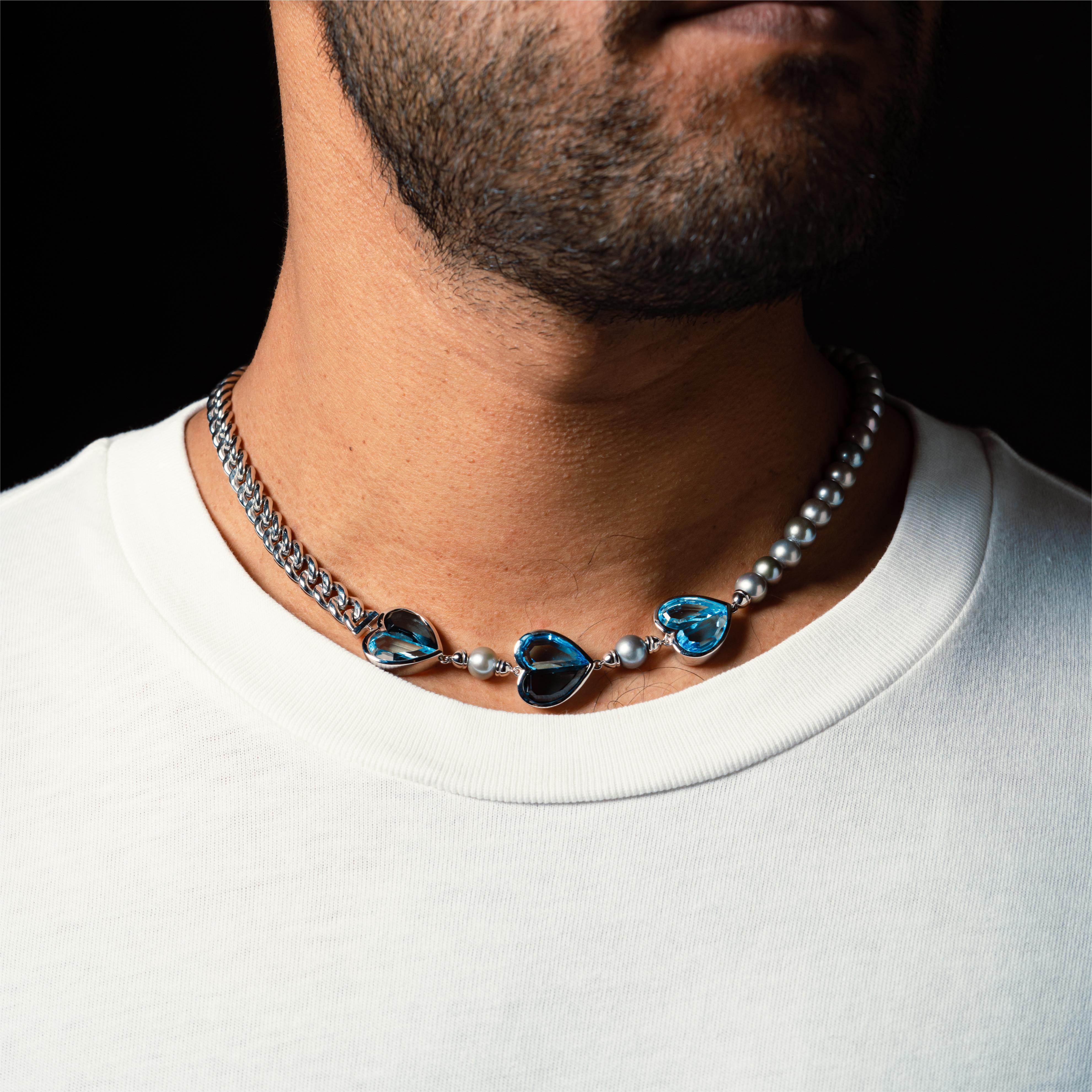 Heart Cut Three's a Crowd Blue Topaz and Grey Pearl Necklace in 18 Karat White Gold For Sale