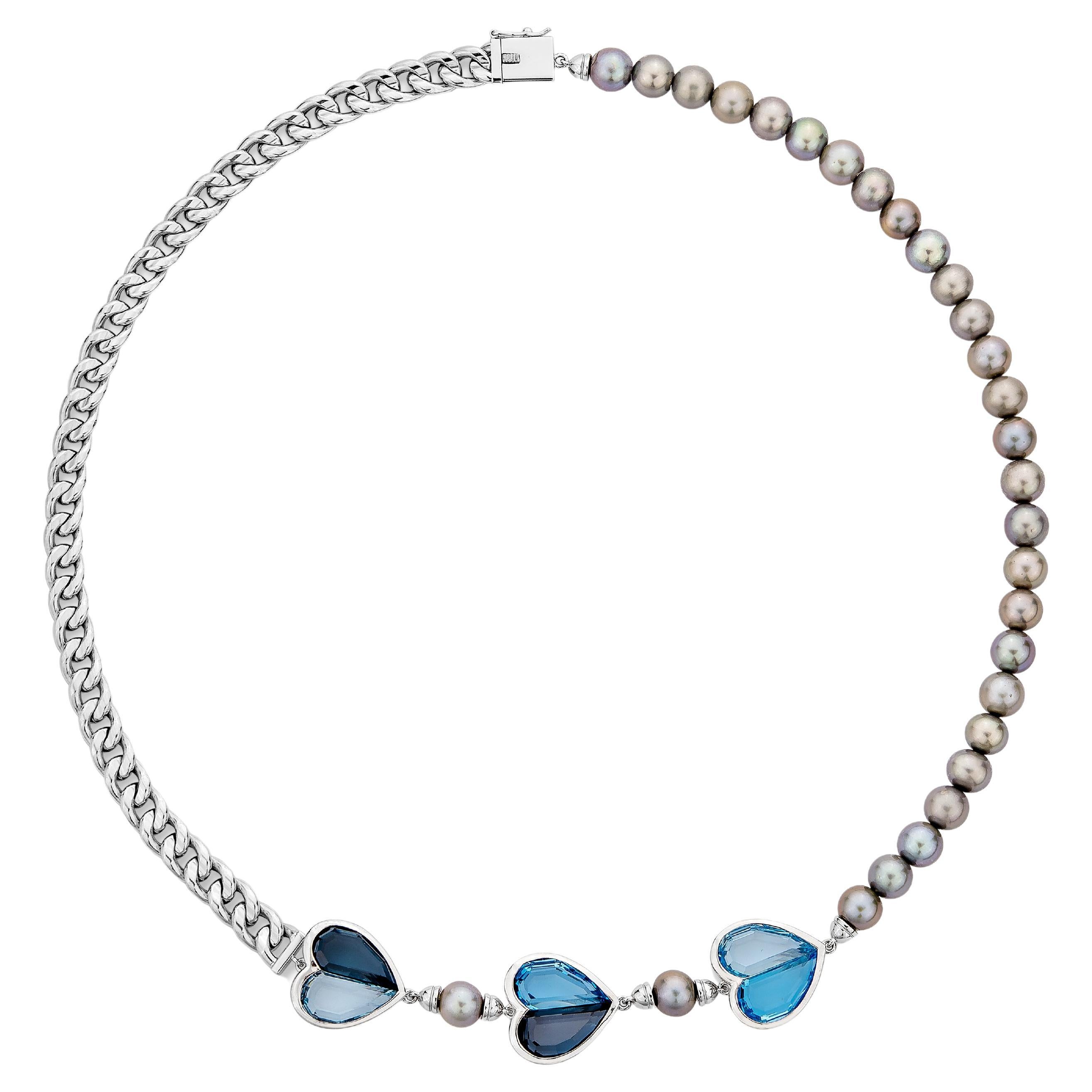 Three's a Crowd Blue Topaz and Grey Pearl Necklace in 18 Karat White Gold For Sale