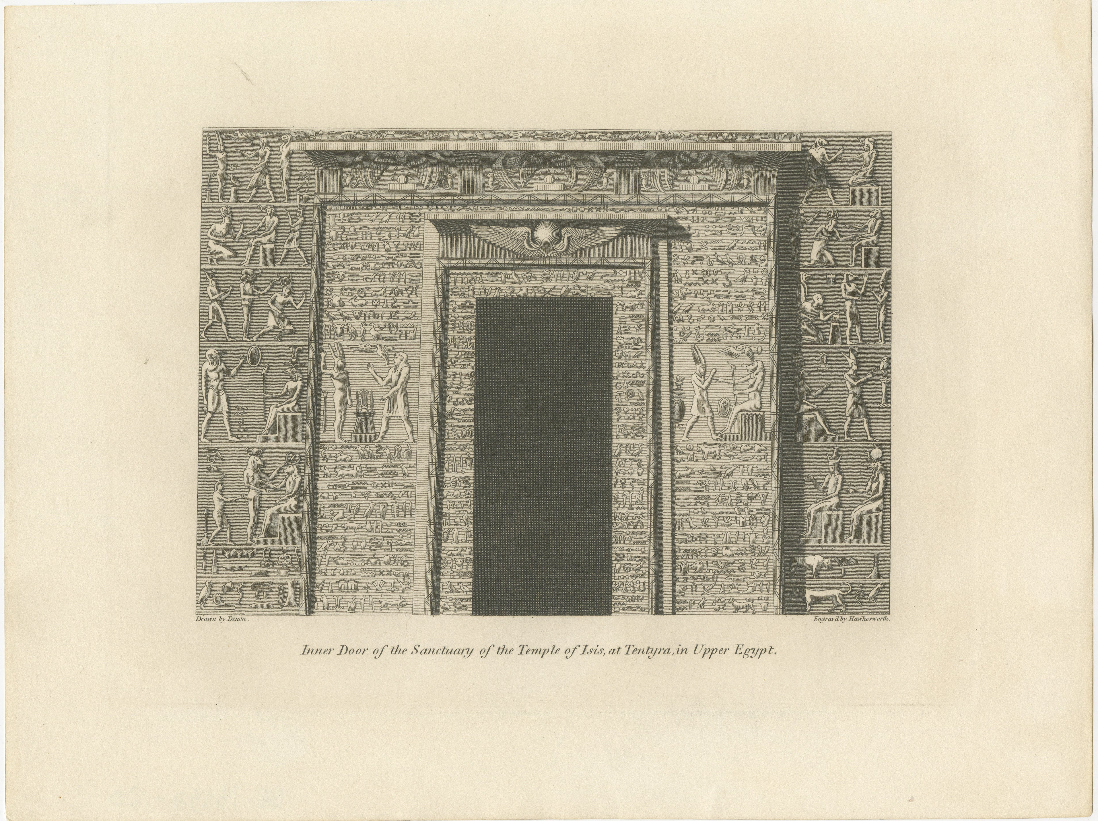 Die Gravur zeigt die kunstvoll geschnitzte Innentür des Heiligtums des Isis-Tempels in Tentyra (dem heutigen Dendera), Oberägypten. Dieser Tempel war der Göttin Isis gewidmet, einer der wichtigsten Gottheiten des altägyptischen Pantheons. Die Tür