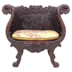 Antique Throne Armchair with Dragons and Flowers in Carved Solid Wood, China, 19th Cent