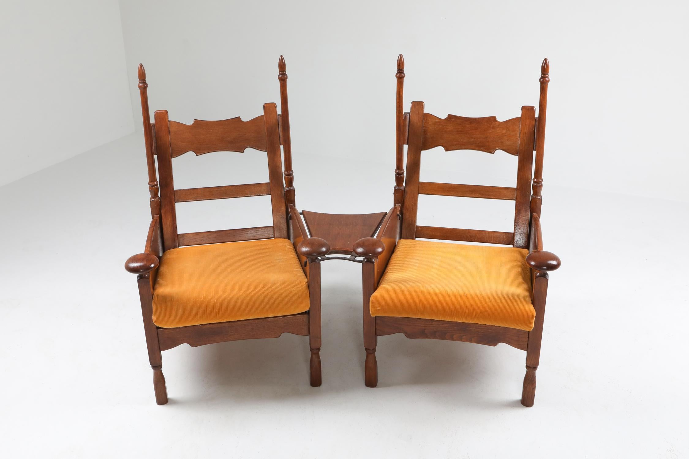 Mid-Century Modern throne chairs in orange velvet and stained oak. Made circa 1950s. We have two available.
