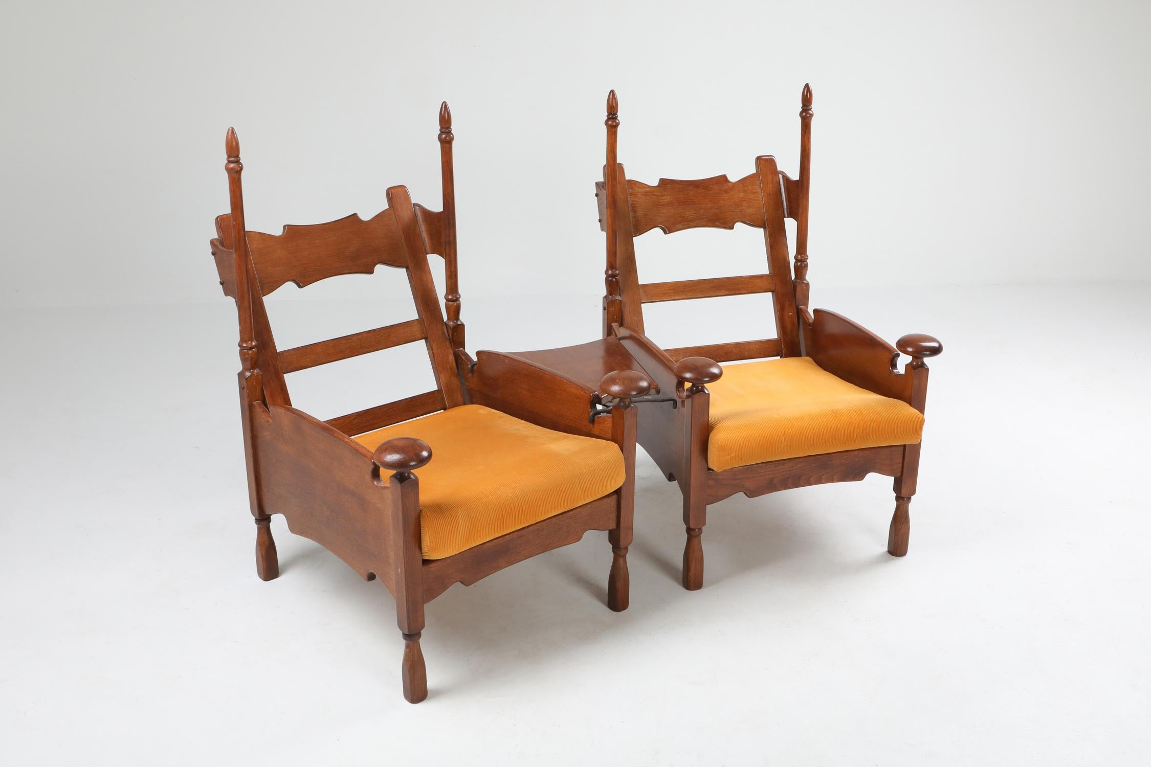 Mid-20th Century Oak Throne Chair with Adjustable Side Table