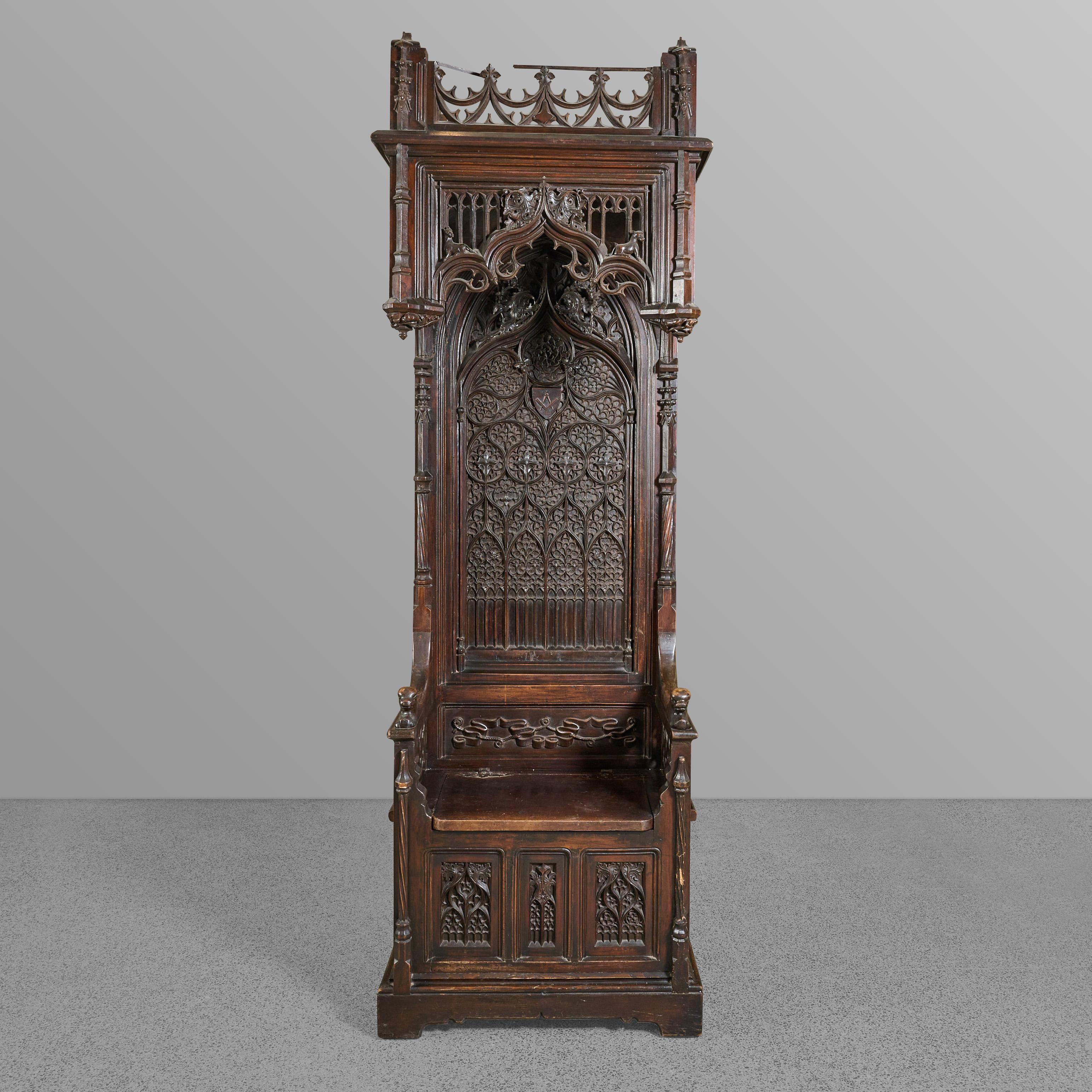 Over the top carved throne chair with storage under seat. Incredible quality and rarity. 

