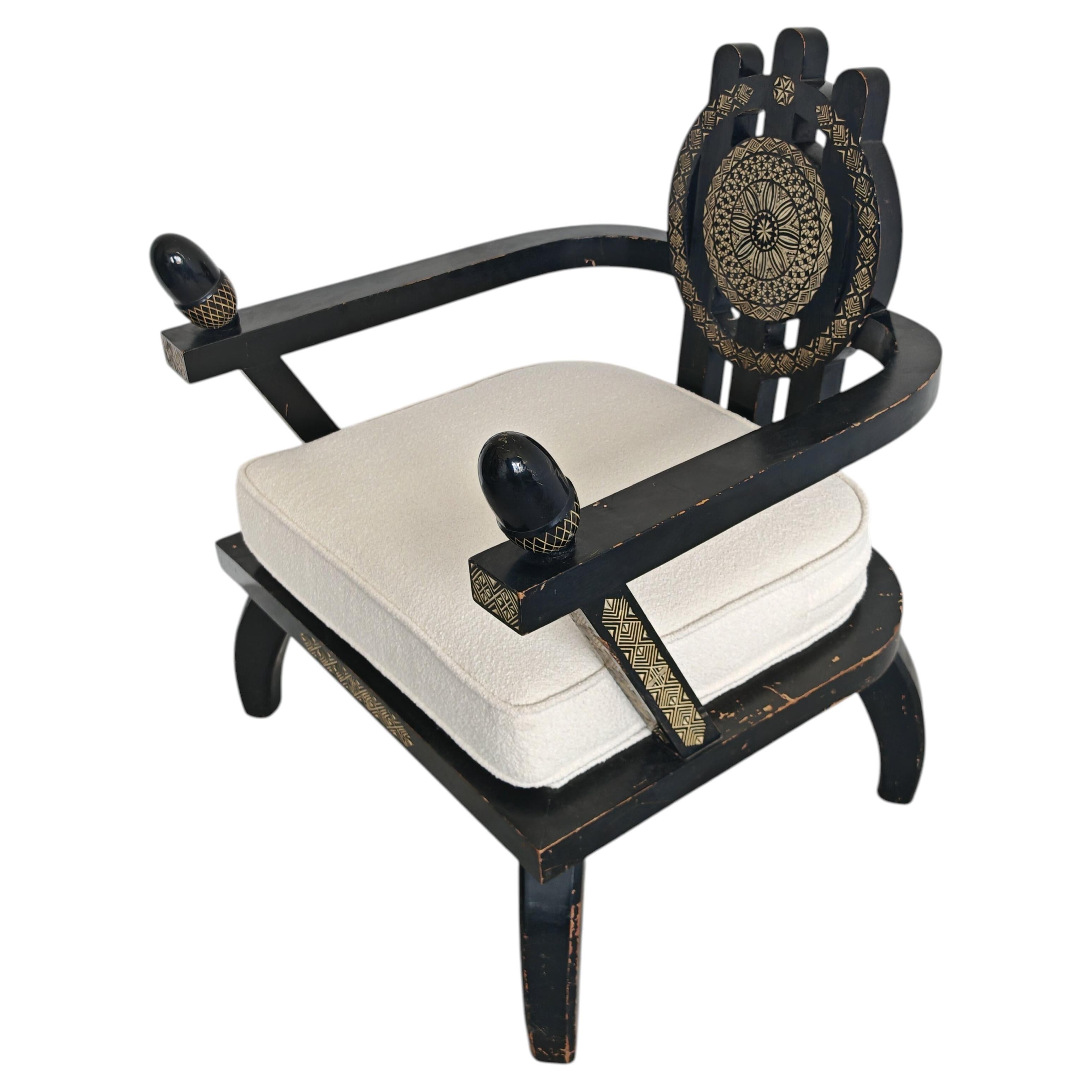 Throne Shaped hand-carved Armchair in ebonized oak by Ettore Zaccari