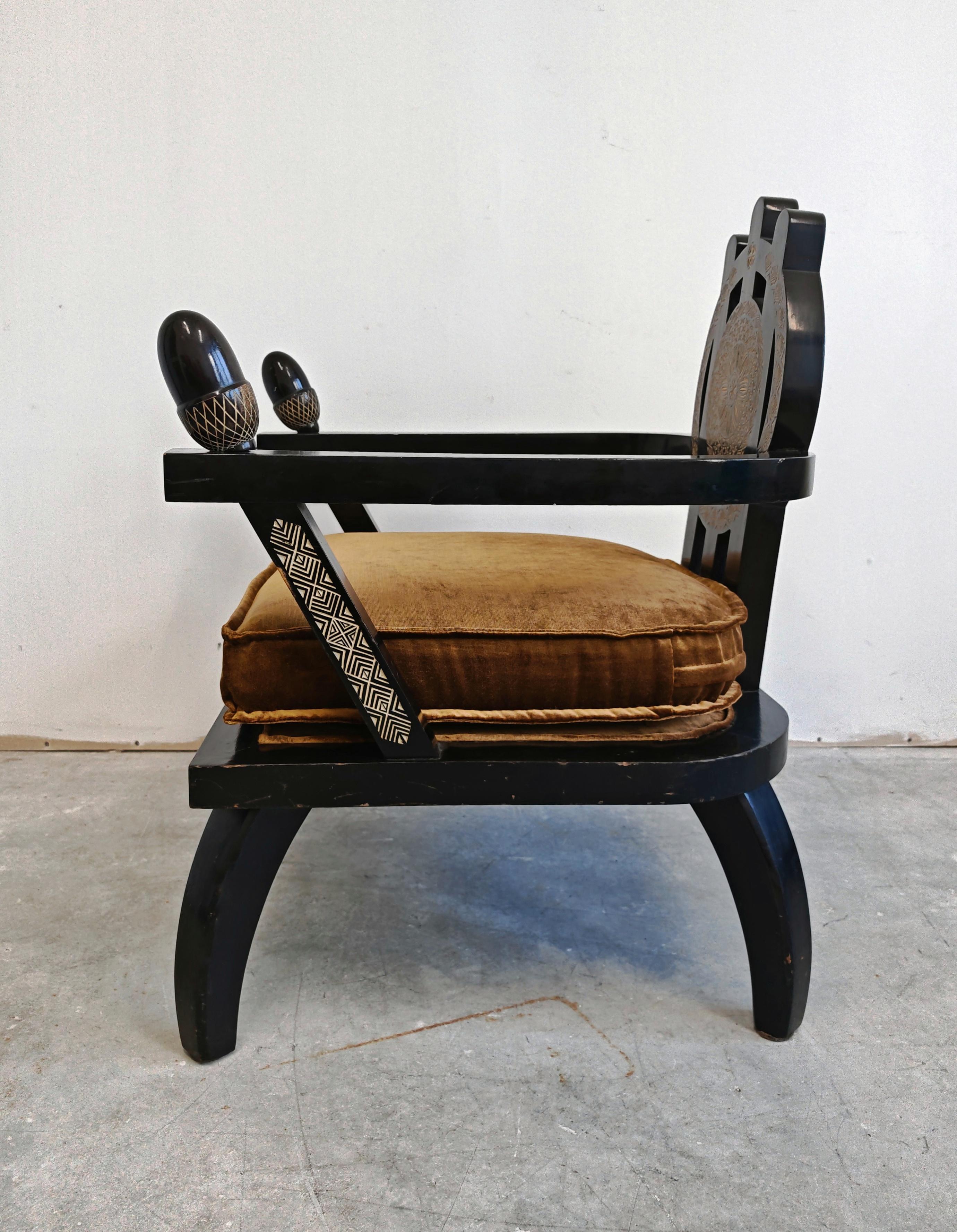 Late 20th Century Throne Shaped hand-carved Armchairs in ebonized oak, designed by Ettore Zaccari For Sale