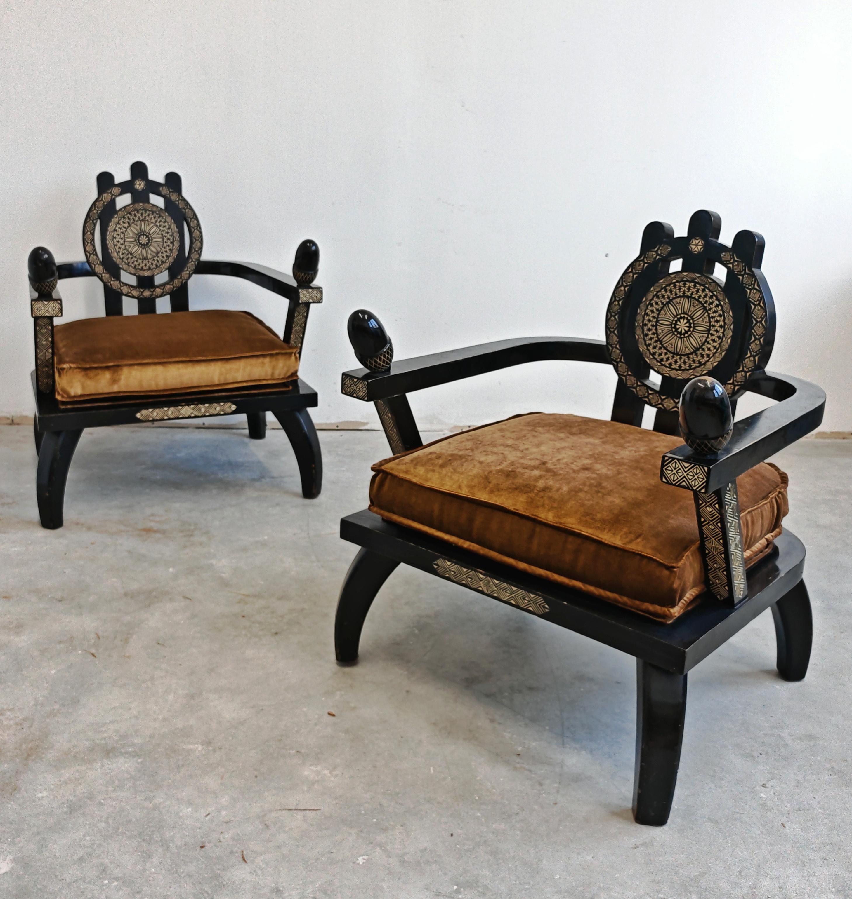 Fabric Throne Shaped hand-carved Armchairs in ebonized oak, designed by Ettore Zaccari For Sale