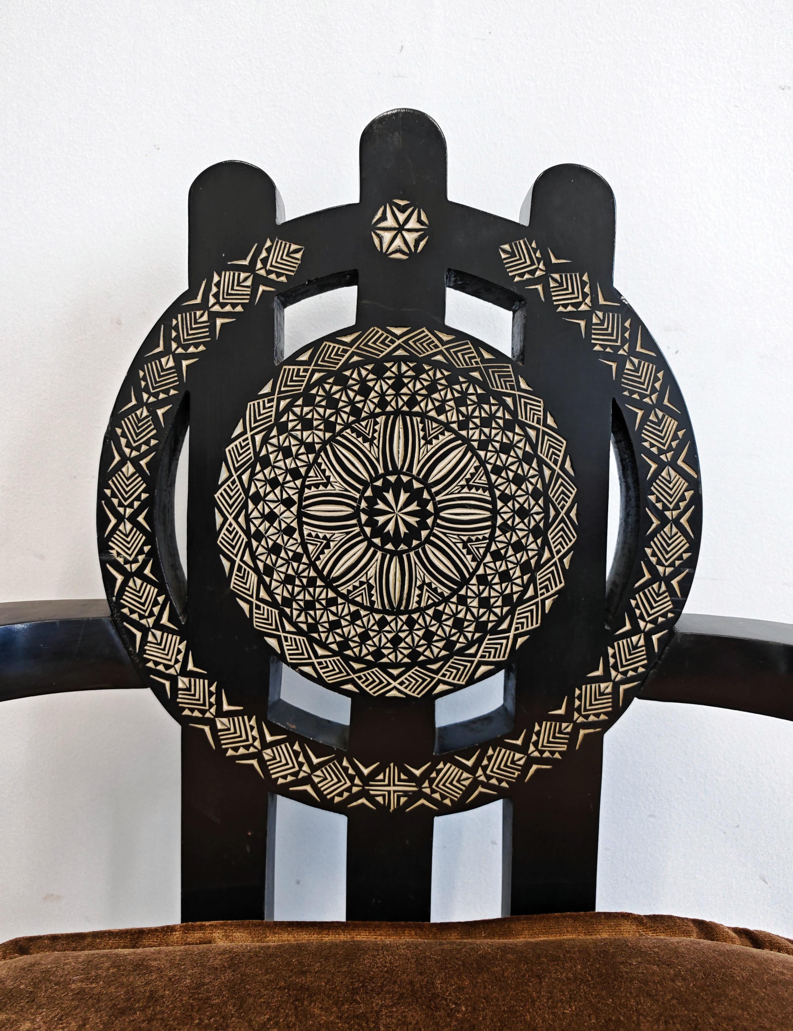 Throne Shaped hand-carved Armchairs in ebonized oak, designed by Ettore Zaccari For Sale 2