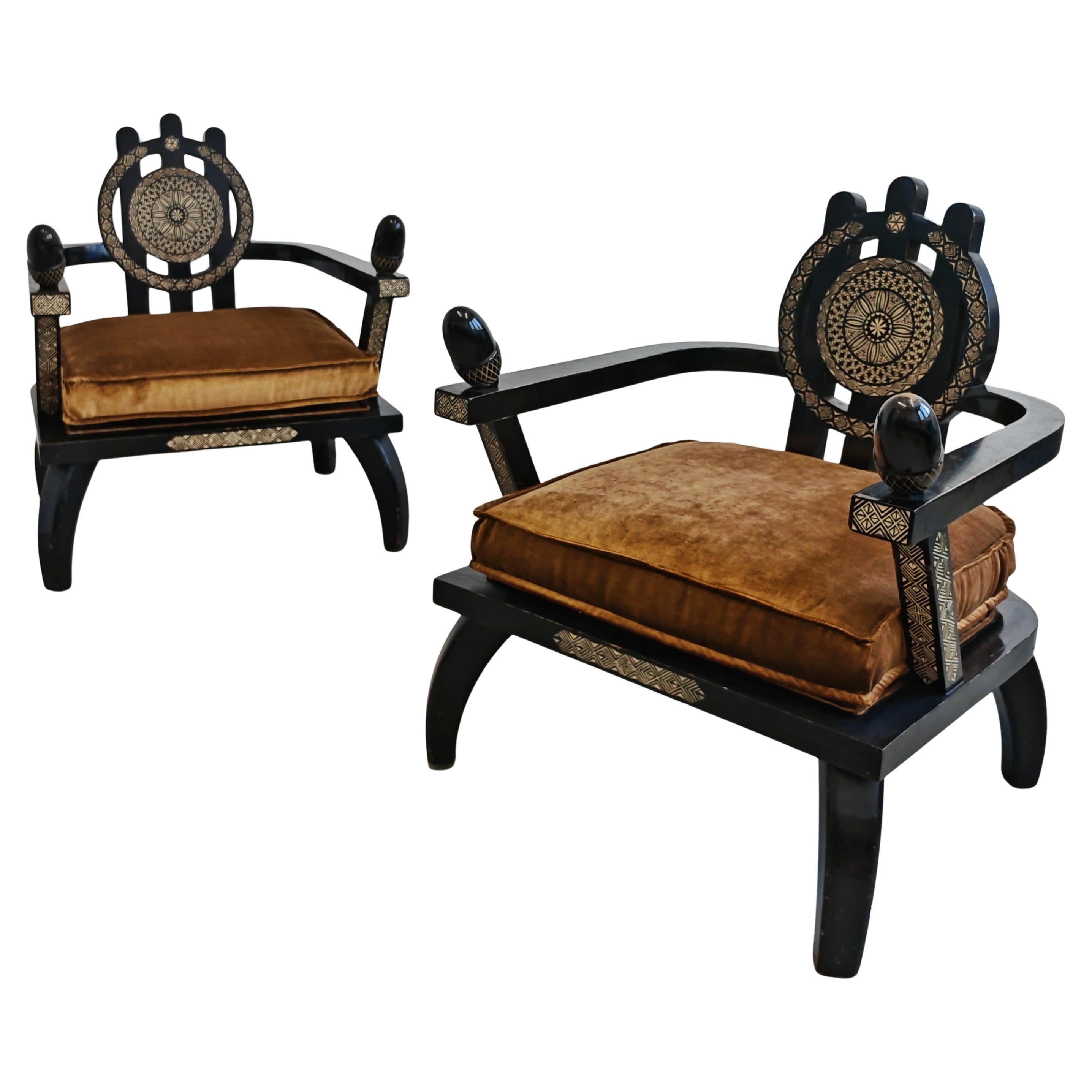 Throne Shaped hand-carved Armchairs in ebonized oak, designed by Ettore Zaccari For Sale