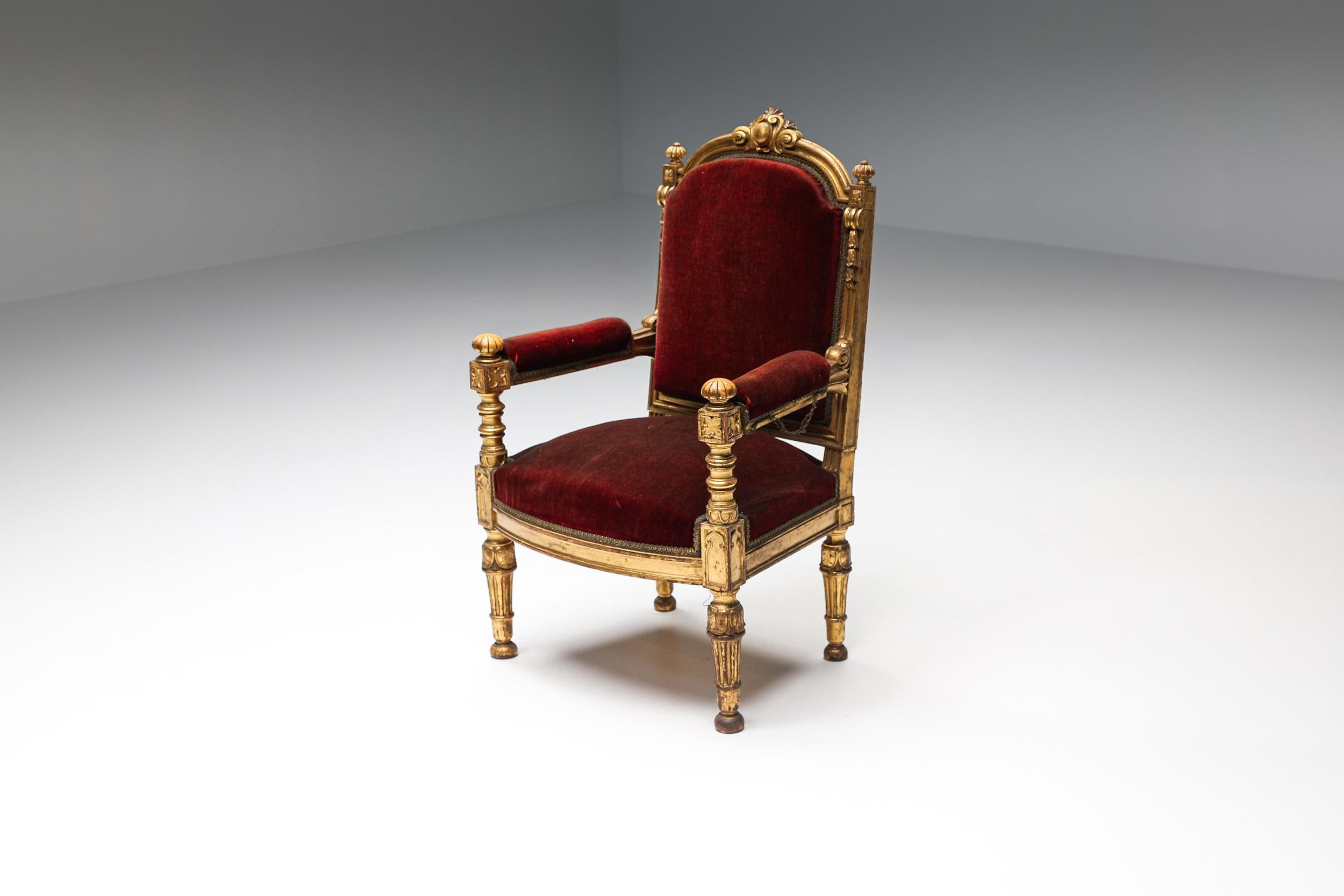 Baroque; Throne; Italian design; armchair; Hollywood regency; Luxury; 

Baroque-inspired thrones in giltwood and velvet. Antique Armchairs dating back from the 1880s. Remarkable Italian craftsmanship. Would fit well in a Hollywood Regency-inspired