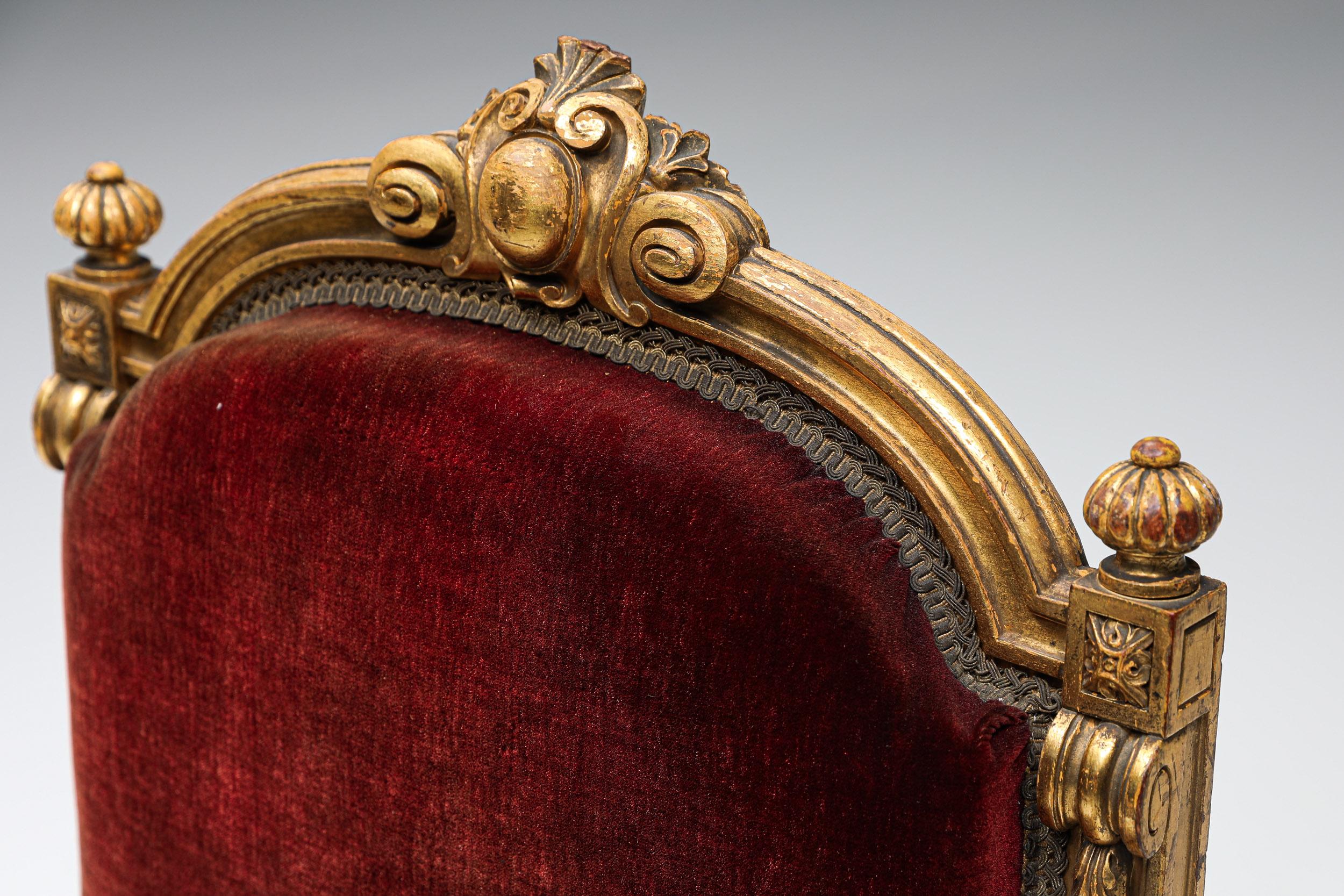 Thrones in Giltwood and Velvet Antique Armchairs, Italian Craftsmanship, 1880s In Excellent Condition In Antwerp, BE