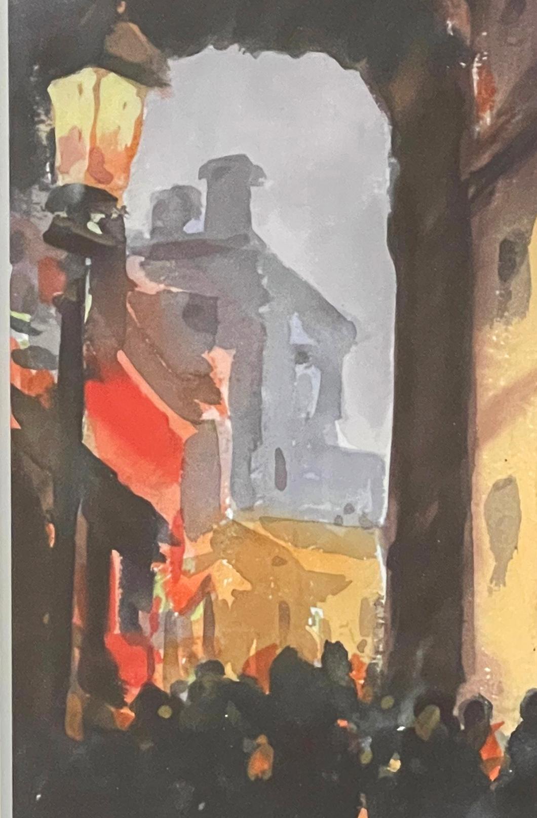 Diese stimmungsvolle und tiefgründige Ansicht eines alten europäischen Torbogens mit hohen Häusern und Menschenmassen dahinter wurde in den 1930er Jahren von J. Alvin Storck gemalt, einem Chicagoer Künstler, der für seine Gemälde aus der Mitte des