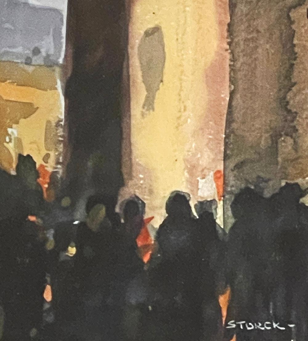 Art déco « Through the Archway », aquarelle atmosphérique - Scène en gris et rouge de Storck en vente
