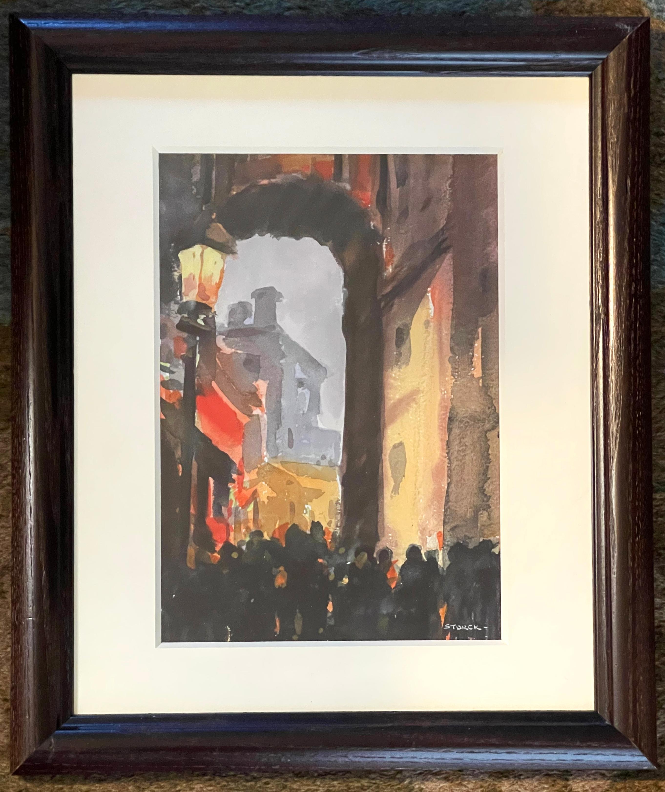 Américain « Through the Archway », aquarelle atmosphérique - Scène en gris et rouge de Storck en vente