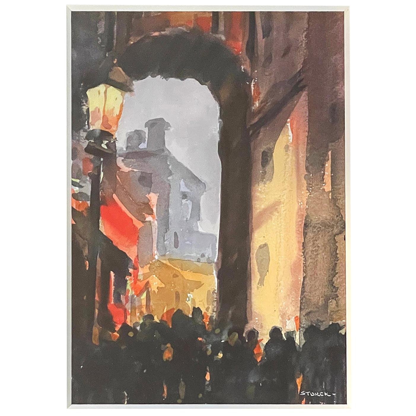 "Through the Archway, " Atmospheric Watercolor Scene in Gray and Red by Storck