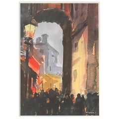 « Through the Archway », aquarelle atmosphérique - Scène en gris et rouge de Storck