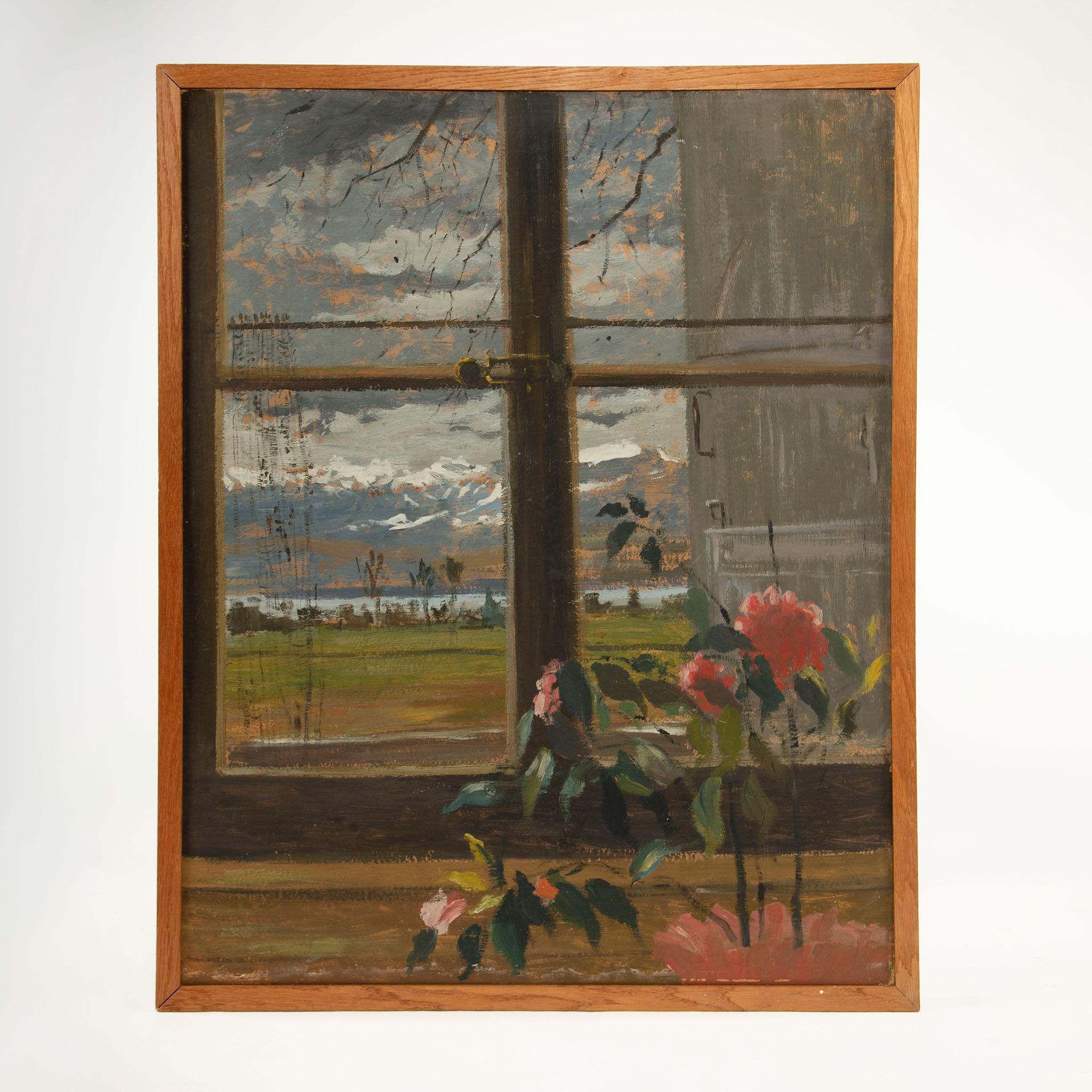 20. Jahrhundert Öl auf Platte, Gartenansicht durch ein Fenster

Ein lyrisches Ölgemälde aus dem 20. Jahrhundert, das einen ruhigen Garten und eine ferne Landschaft durch ein Fenster zeigt. Die Komposition stellt Innen- und Außenräume einander