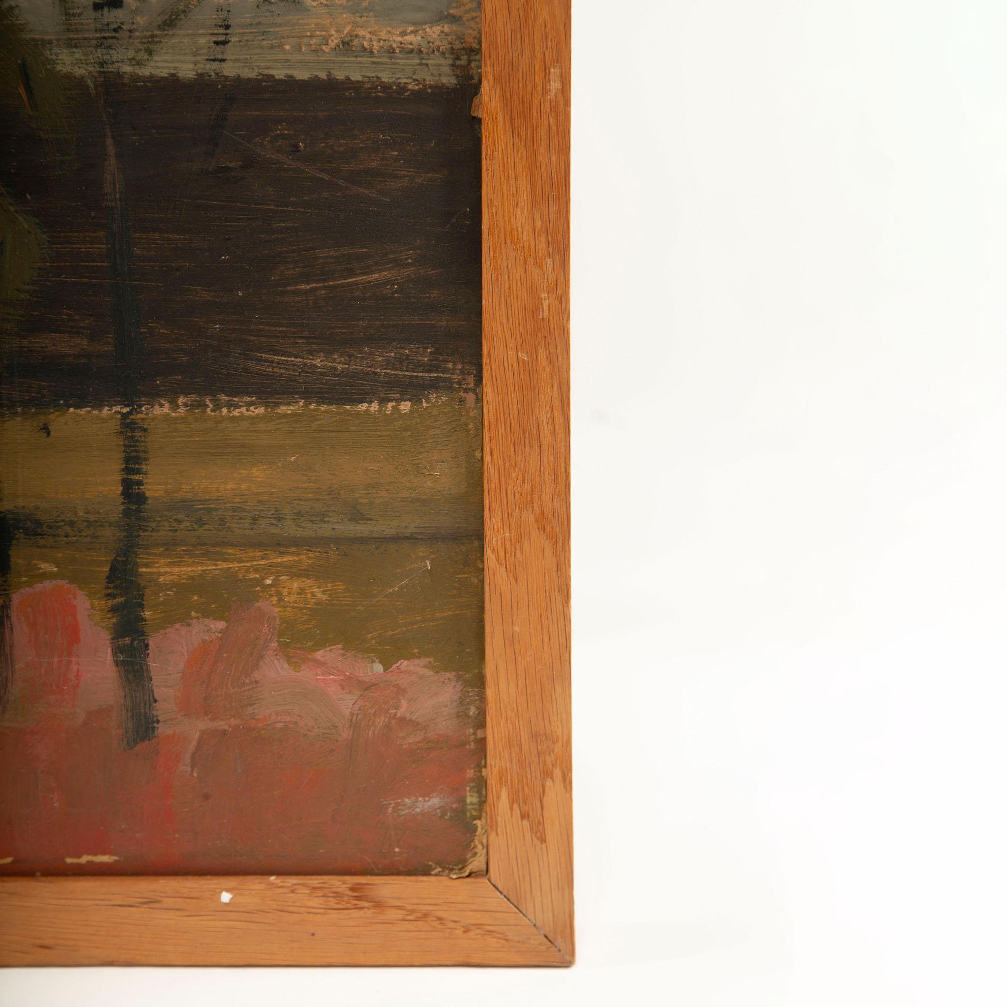 Durch das Glas: 20. Jahrhundert Öl auf Platte, Gartenansicht durch ein Fenster (Holz)