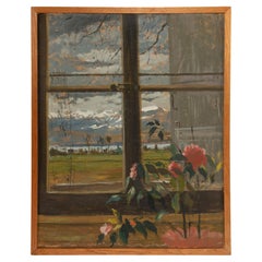 Durch das Glas: 20. Jahrhundert Öl auf Platte, Gartenansicht durch ein Fenster