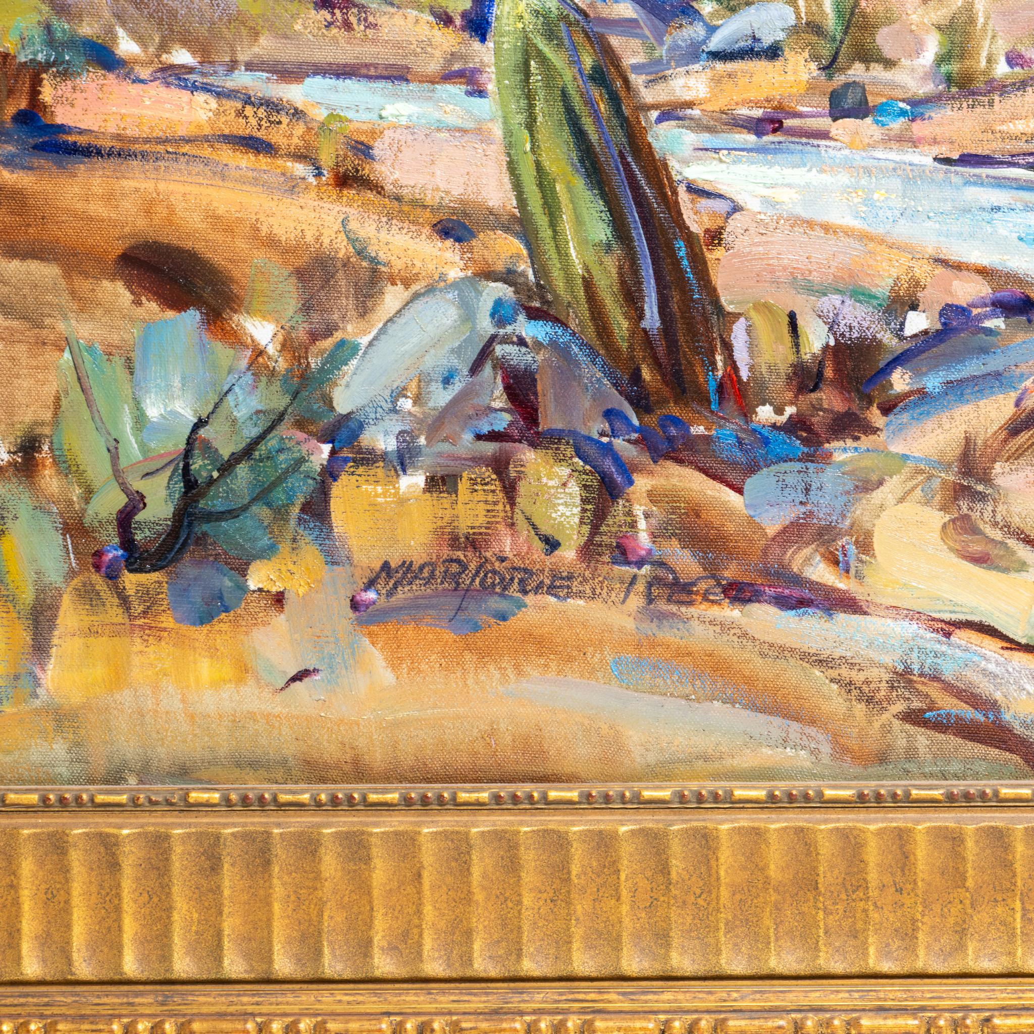 A travers le col de Pugho - Butterfield Trail par Marjorie and Marjorie Reed. Huile originale sur toile. La peinture est lumineuse et réalisée dans le style impressionniste et texturé caractéristique de Reed. La scène représente une diligence avec