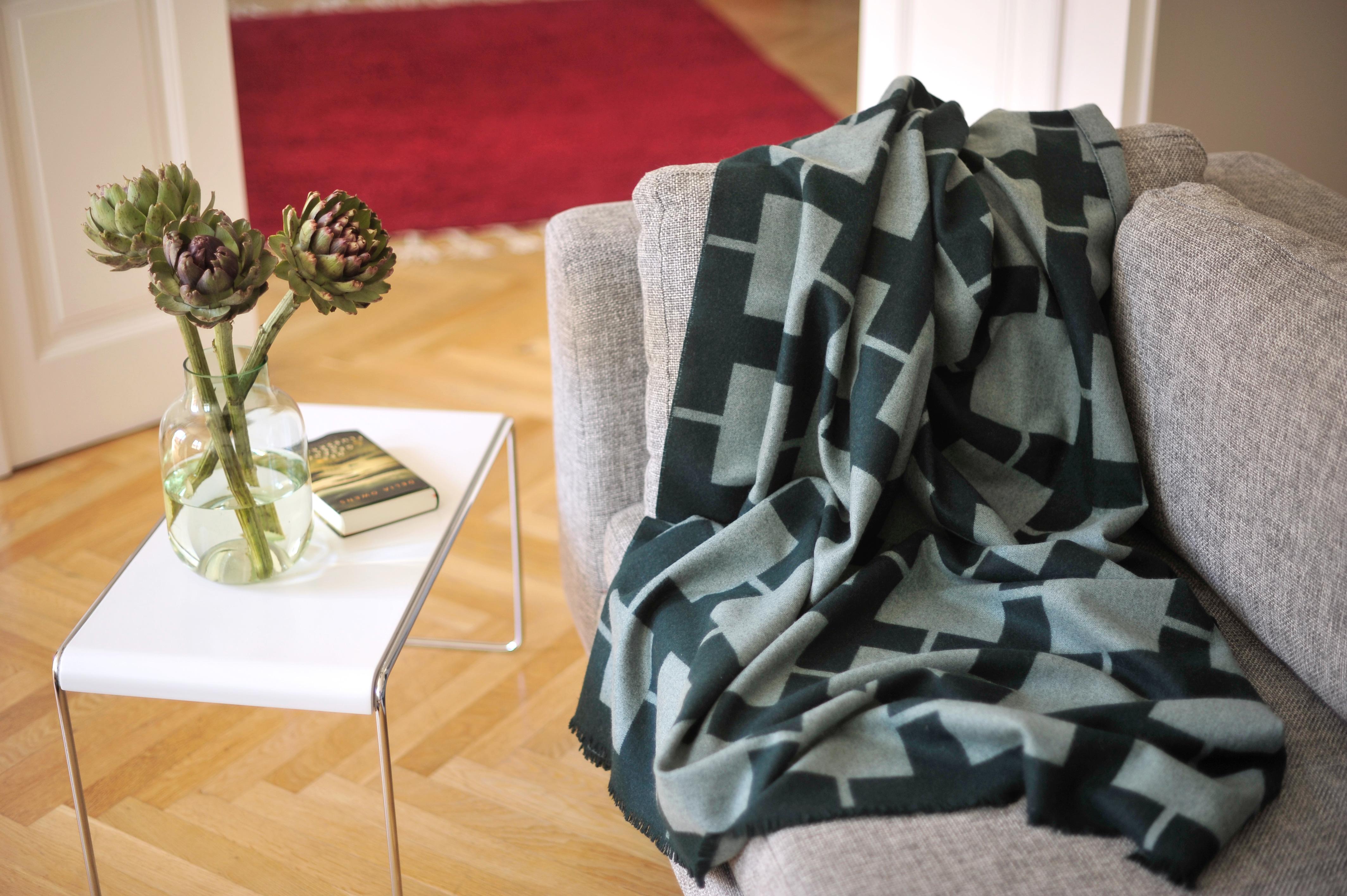 Modern Throw Blanket Pattern Green Petrol Woven of Extra Fine Merino by Catharina Mende For Sale