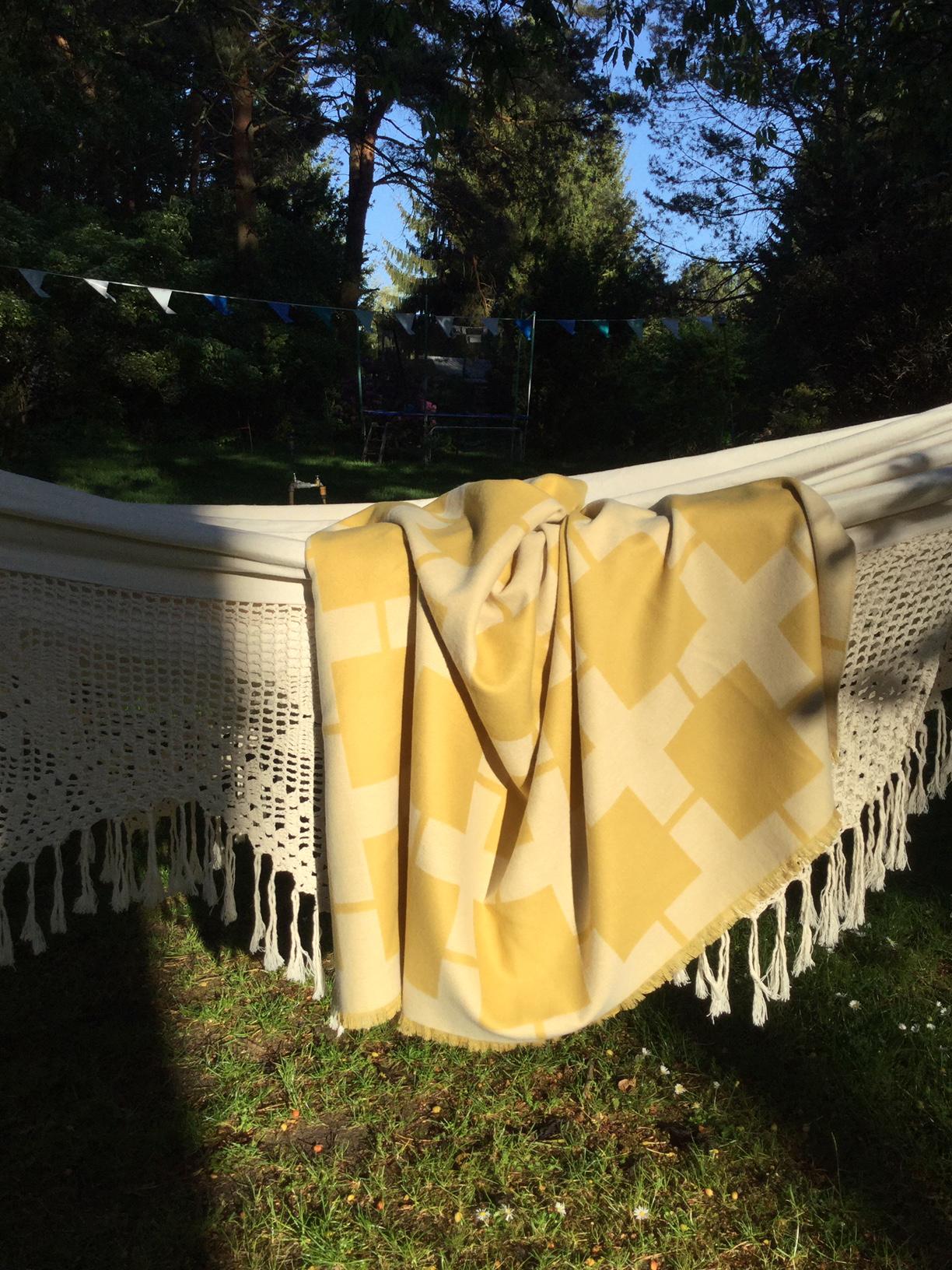 Modern Throw Blanket Pattern Yellow Beige Woven of Extra Fine Merino by Catharina Mende For Sale