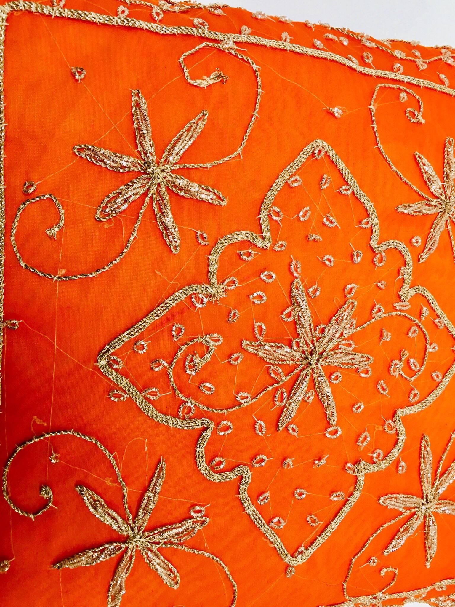 Moorish Throw Decorative Orange Accent Pillow Embellished with Sequins and Beads For Sale