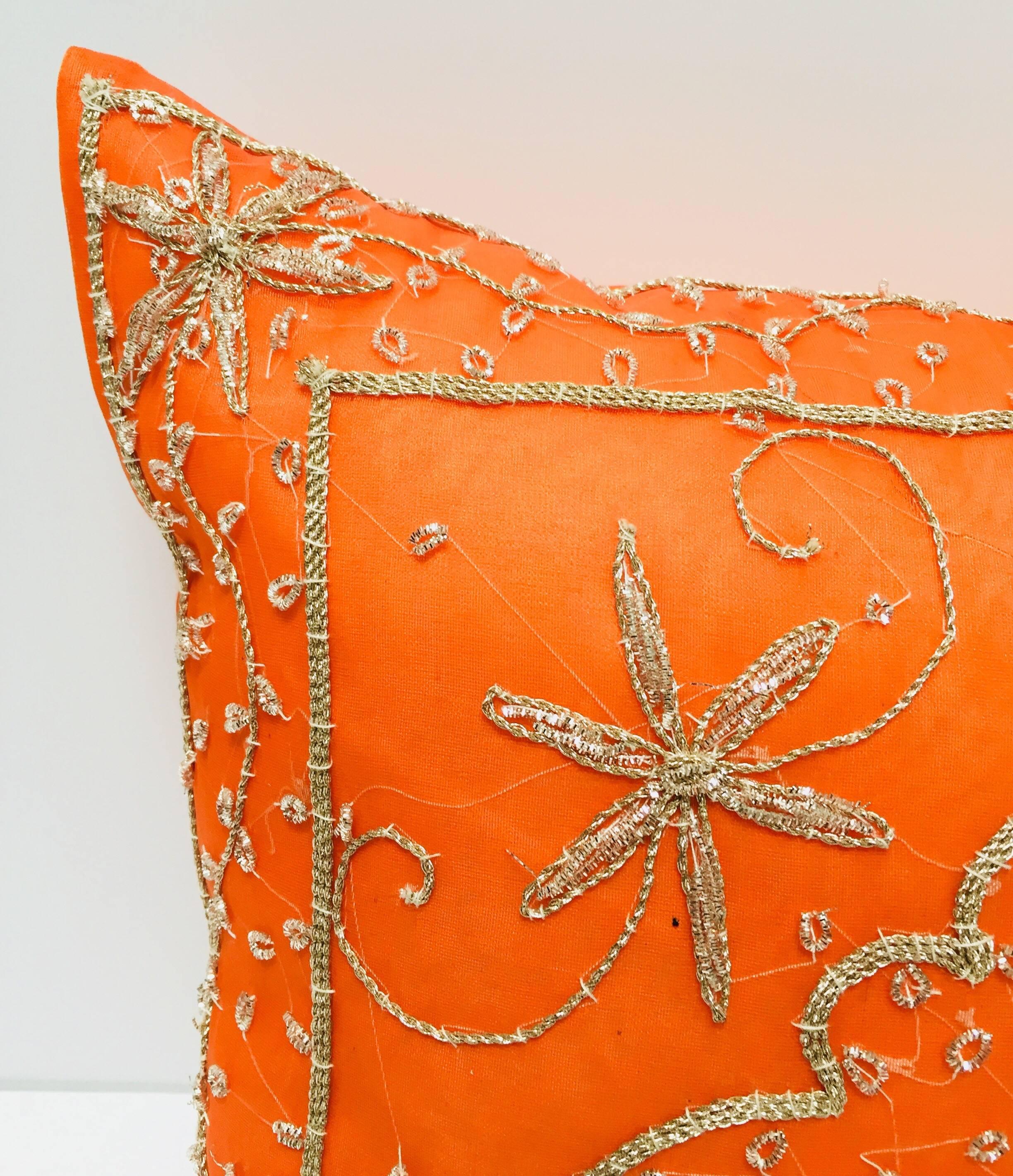 Indian Throw Decorative Orange Accent Pillow Embellished with Sequins and Beads For Sale